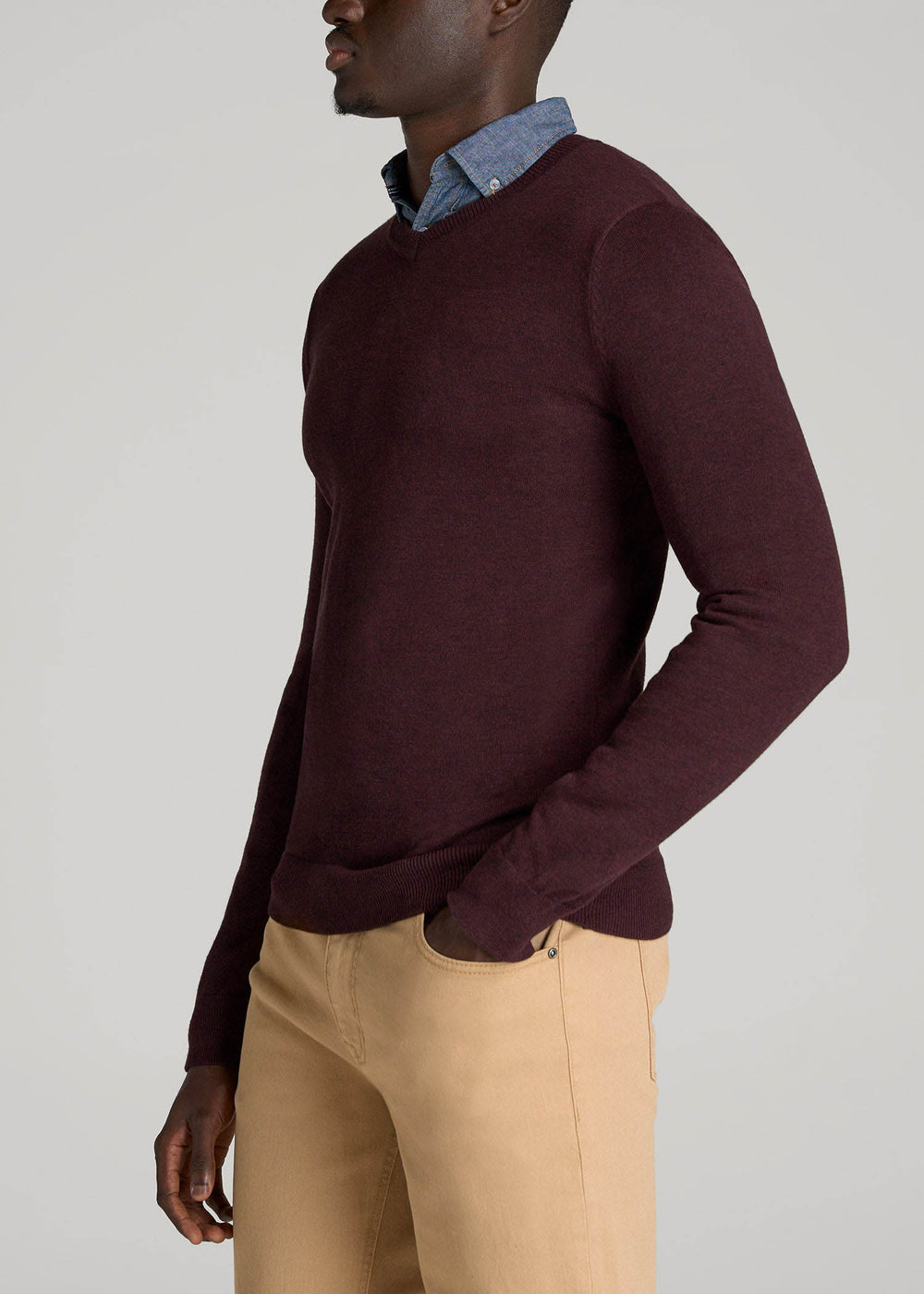 American Tall Sale | Everyday V-Neck Sweater for Tall Men in Burgundy Mix