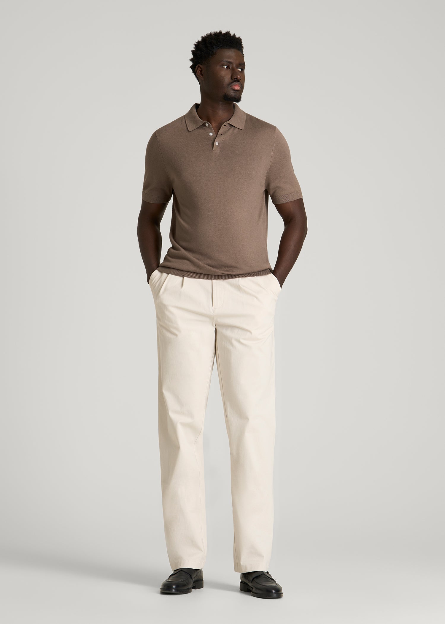 American Tall Discount | Linen Blend Knit Polo for Tall Men in Warm Brown