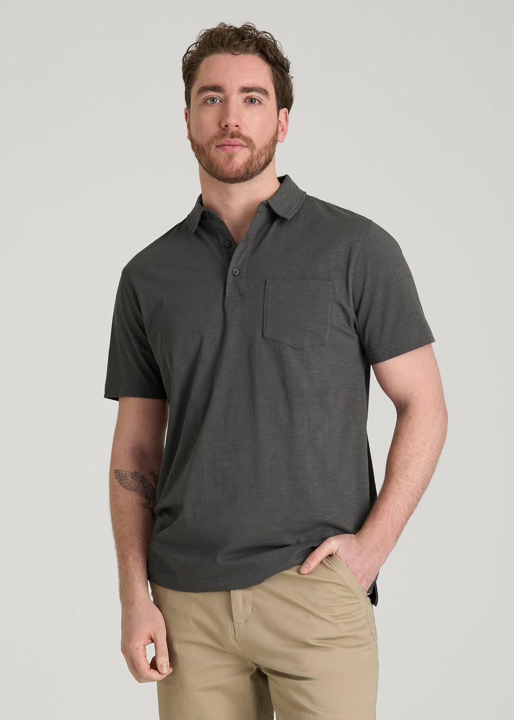 American Tall Outlet | Slub Knit Polo with Pocket for Tall Men in Steel Grey
