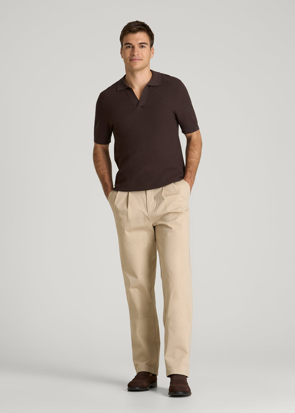 American Tall Discount | Braided Knit Sweater Polo for Tall Men in Espresso