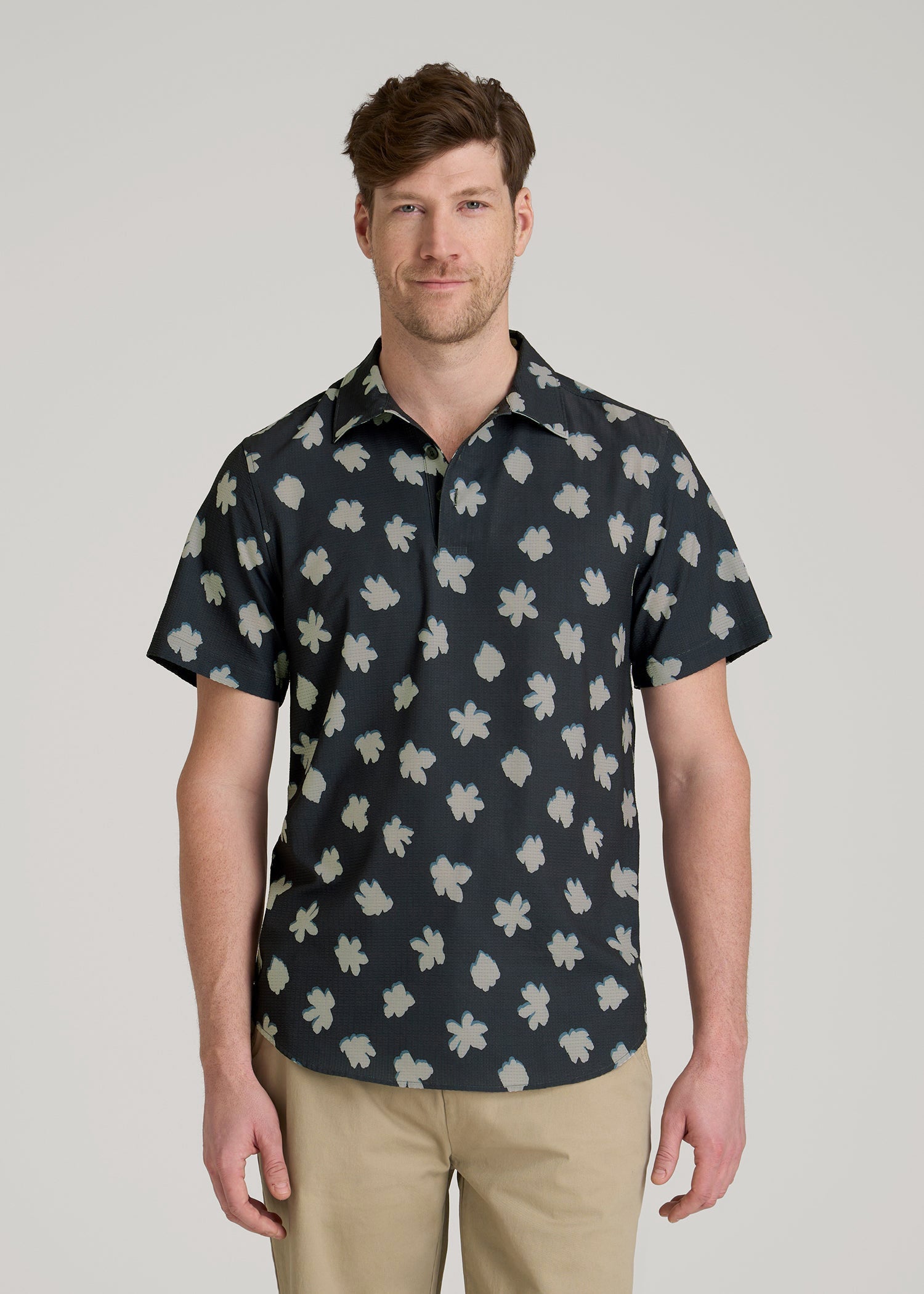American Tall Sale | Coastal Perforated Polo Shirt for Tall Men in Navy and Bone Floral