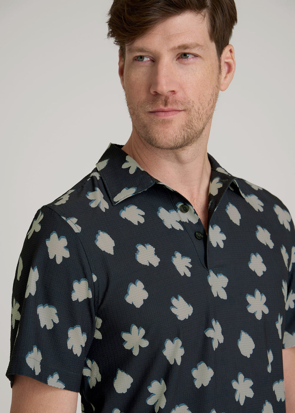 American Tall Sale | Coastal Perforated Polo Shirt for Tall Men in Navy and Bone Floral
