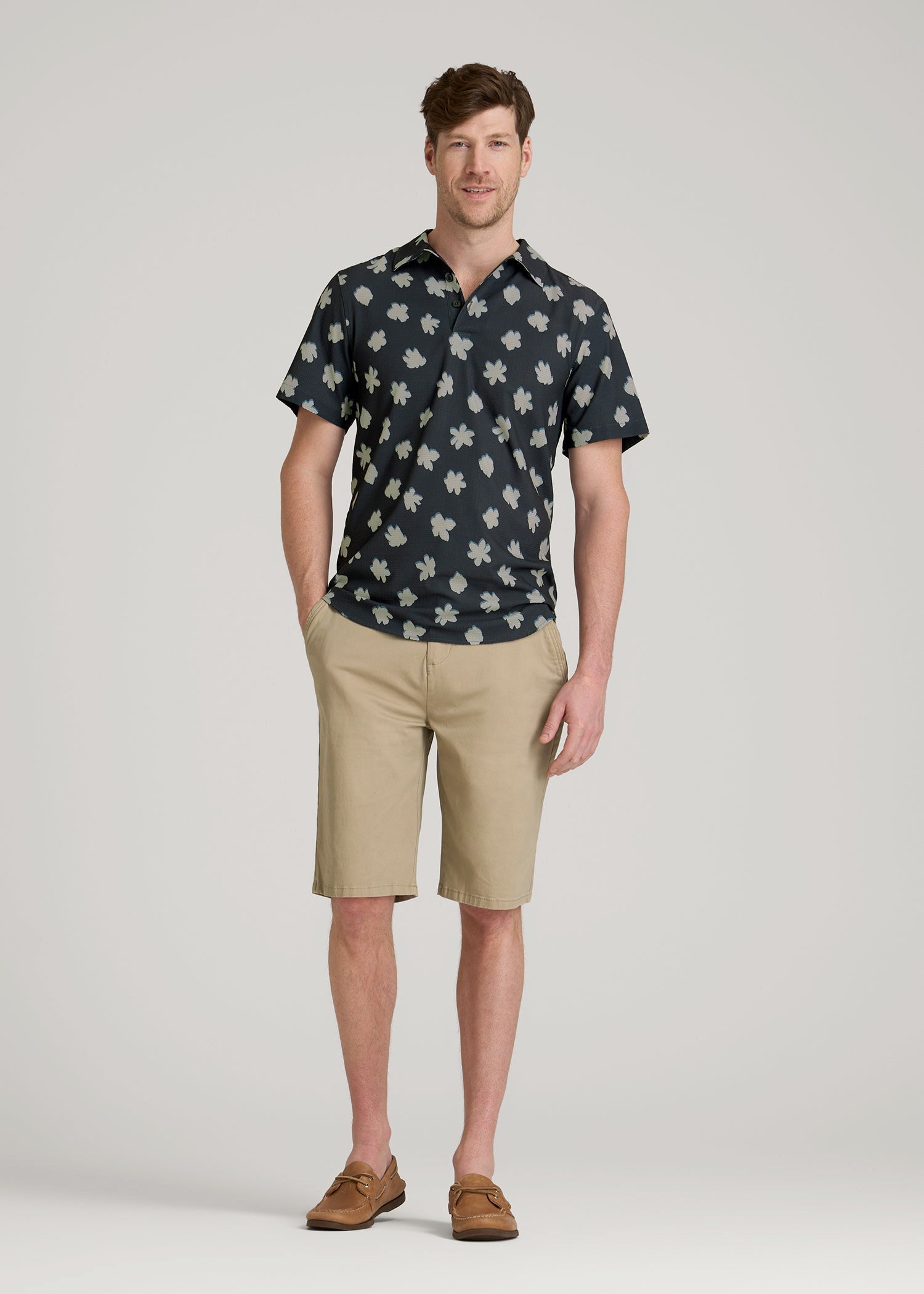 American Tall Sale | Coastal Perforated Polo Shirt for Tall Men in Navy and Bone Floral