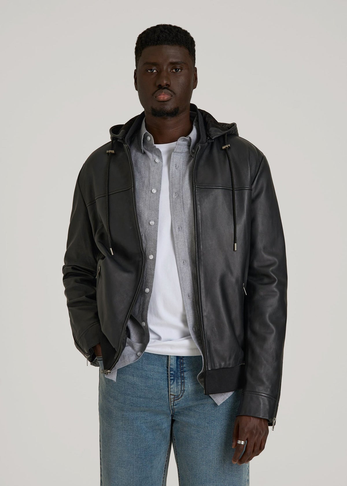 American Tall Online Shop | Genuine Leather Hooded Bomber for Tall Men in Black