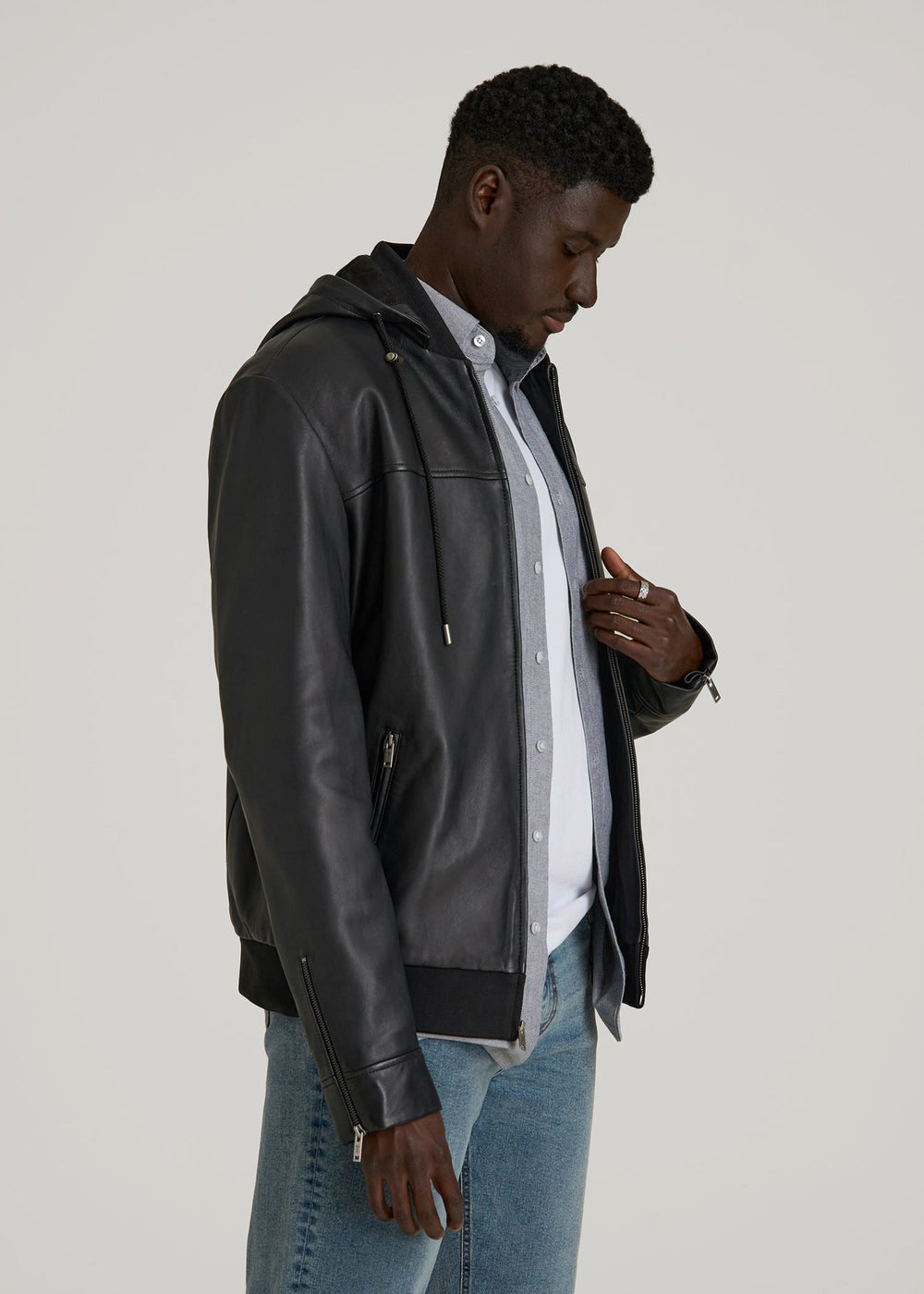 American Tall Online Shop | Genuine Leather Hooded Bomber for Tall Men in Black