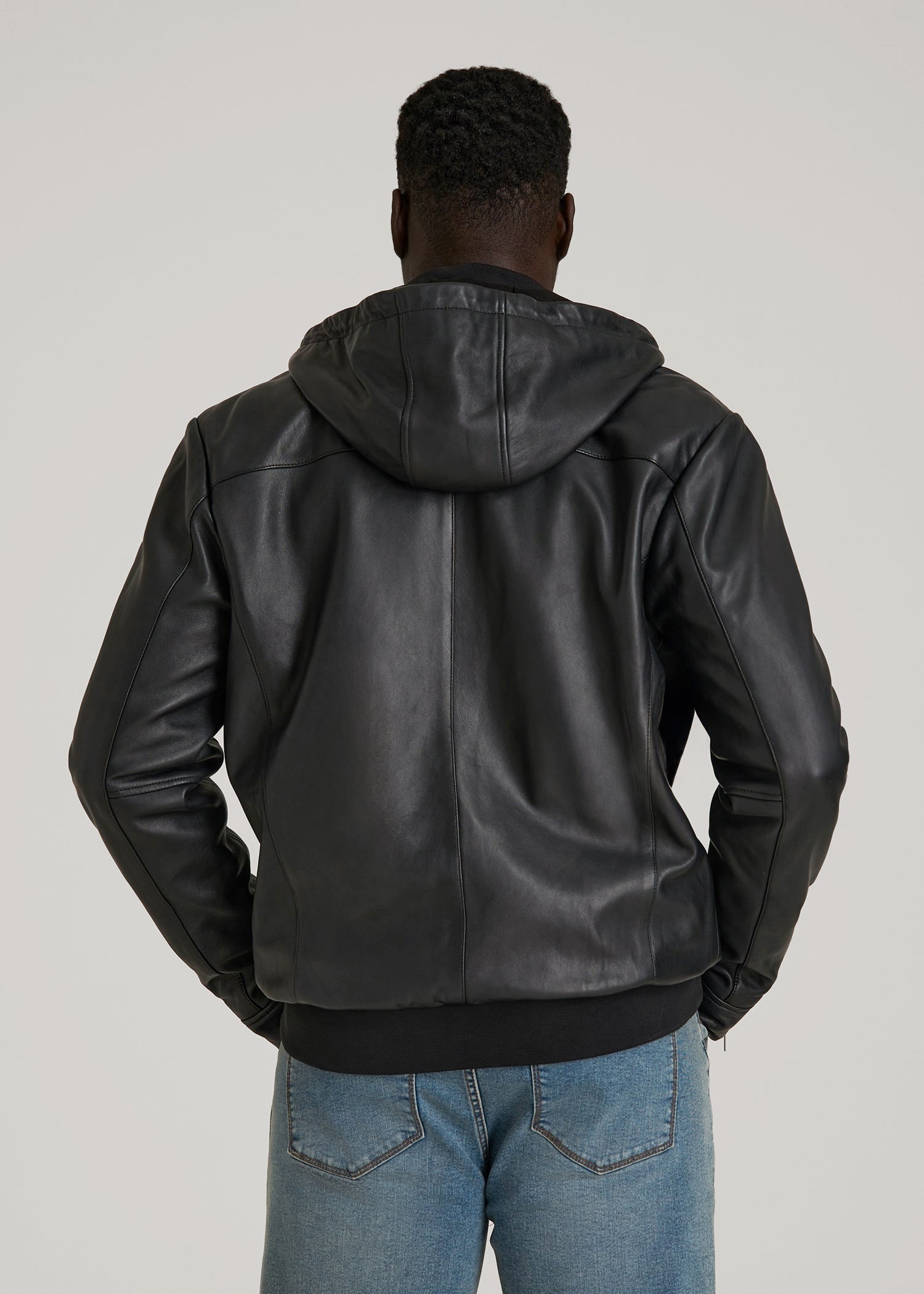 American Tall Online Shop | Genuine Leather Hooded Bomber for Tall Men in Black