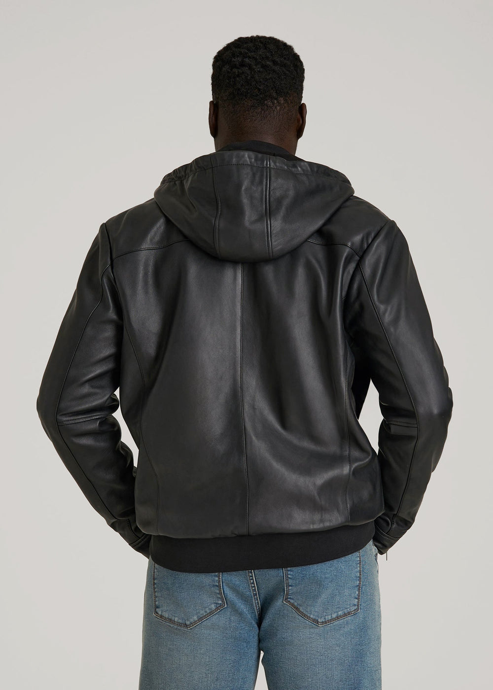 American Tall Online Shop | Genuine Leather Hooded Bomber for Tall Men in Black