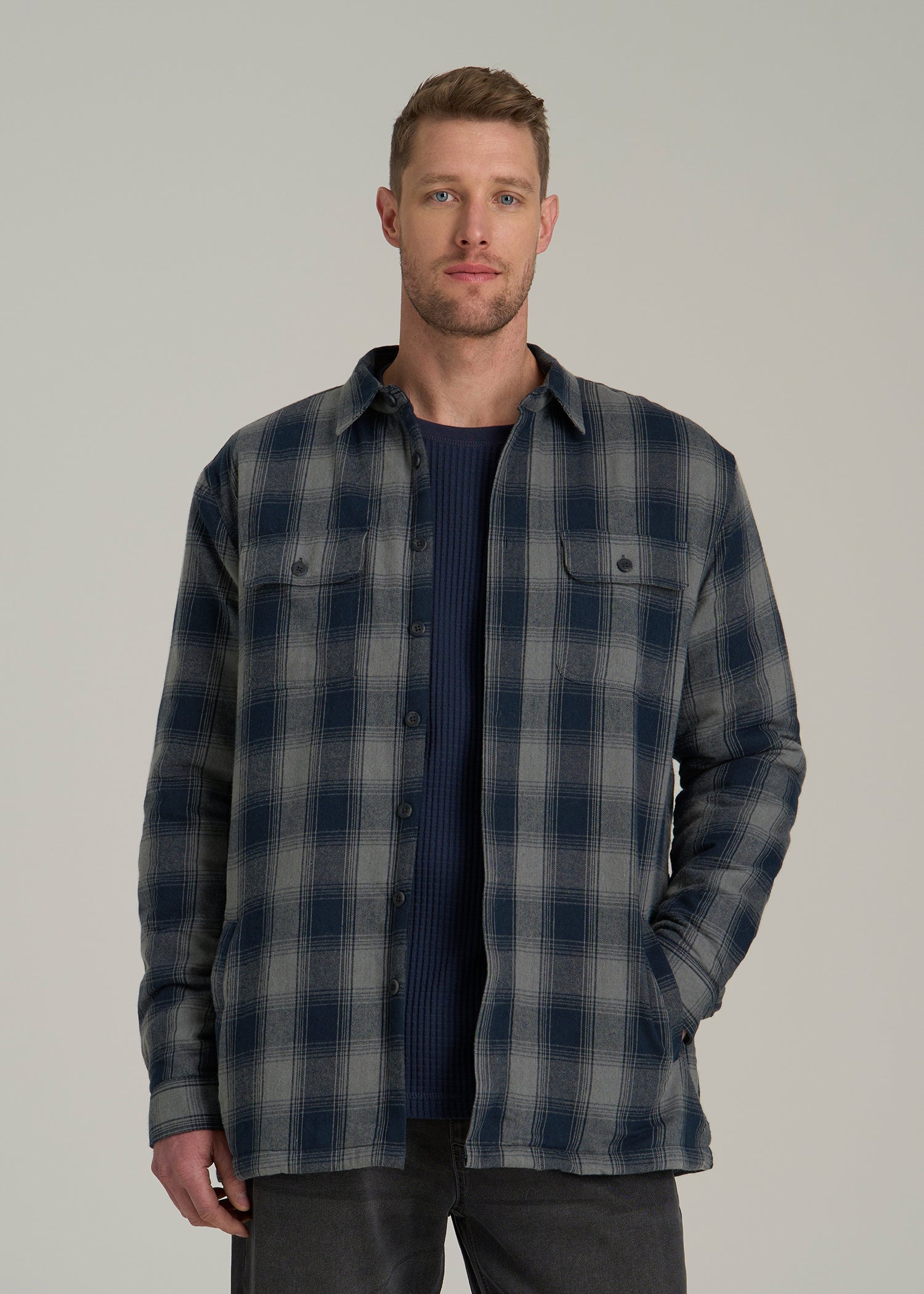 American Tall Online Shop | LJ&S Sherpa-Lined Shirt Jacket for Tall Men in Midnight Navy & Medium Grey Plaid
