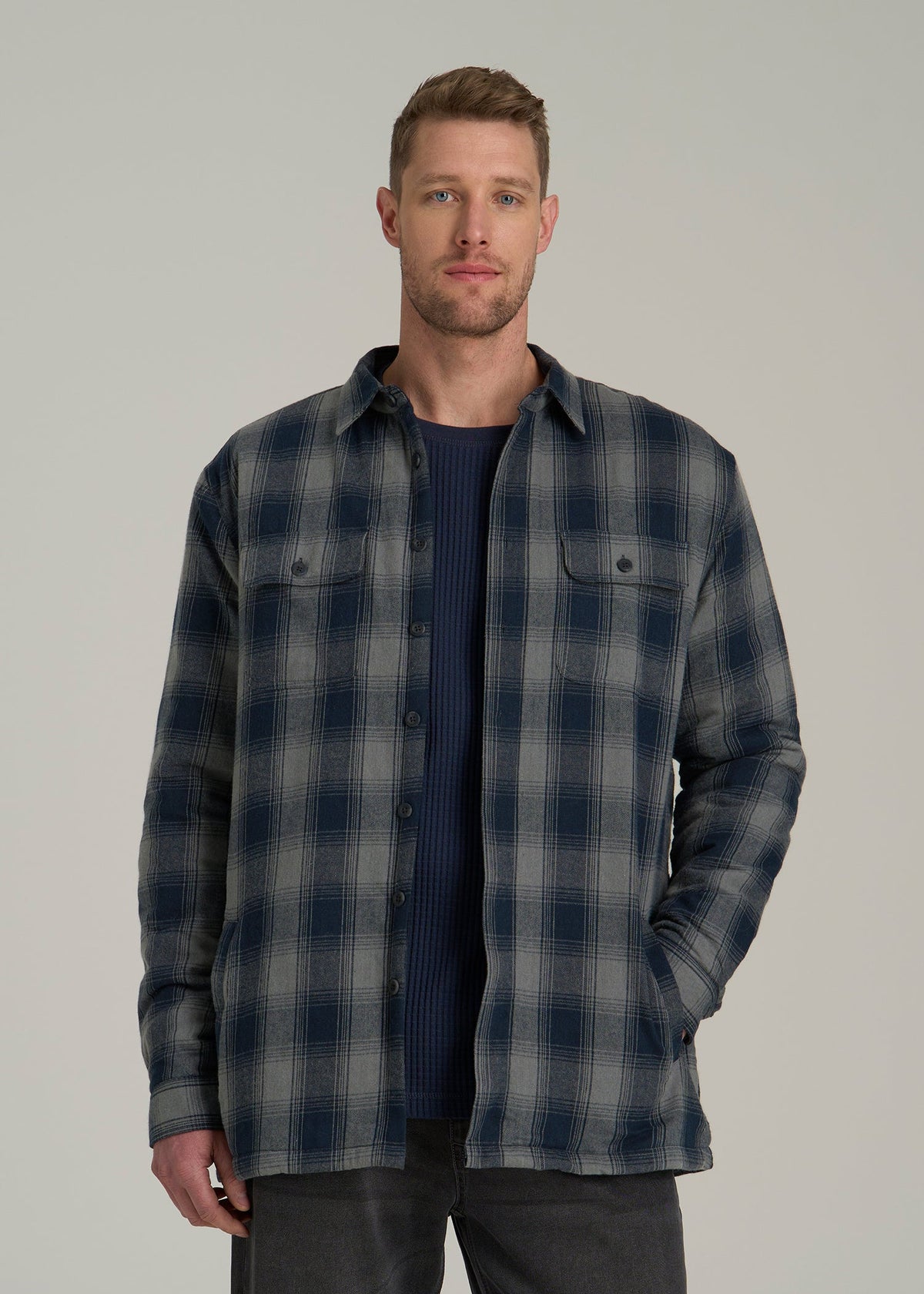 American Tall Online Shop | LJ&S Sherpa-Lined Shirt Jacket for Tall Men in Midnight Navy & Medium Grey Plaid