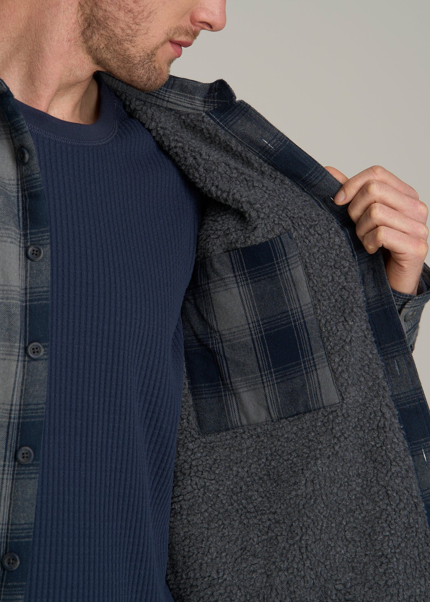 American Tall Online Shop | LJ&S Sherpa-Lined Shirt Jacket for Tall Men in Midnight Navy & Medium Grey Plaid