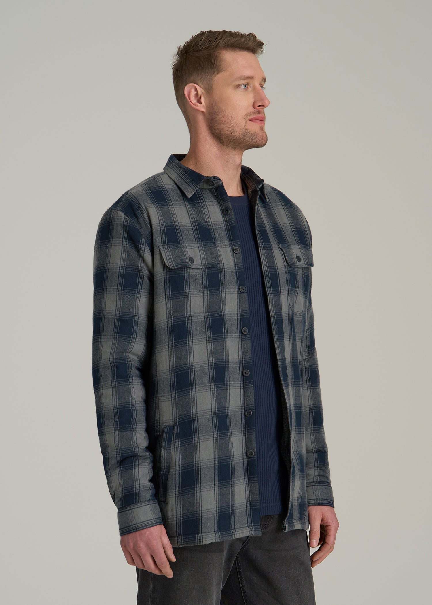 American Tall Online Shop | LJ&S Sherpa-Lined Shirt Jacket for Tall Men in Midnight Navy & Medium Grey Plaid