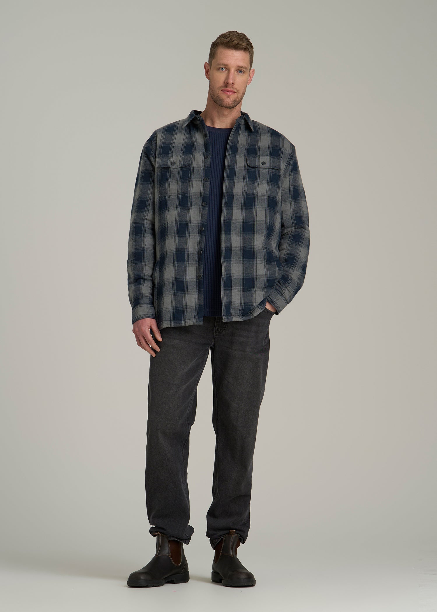 American Tall Online Shop | LJ&S Sherpa-Lined Shirt Jacket for Tall Men in Midnight Navy & Medium Grey Plaid