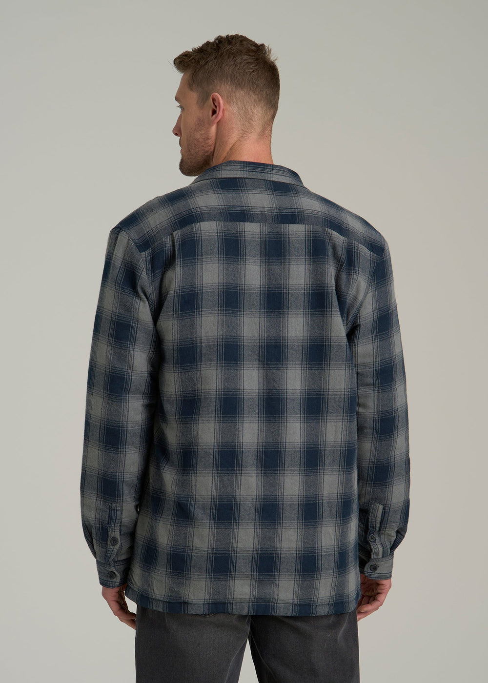 American Tall Online Shop | LJ&S Sherpa-Lined Shirt Jacket for Tall Men in Midnight Navy & Medium Grey Plaid