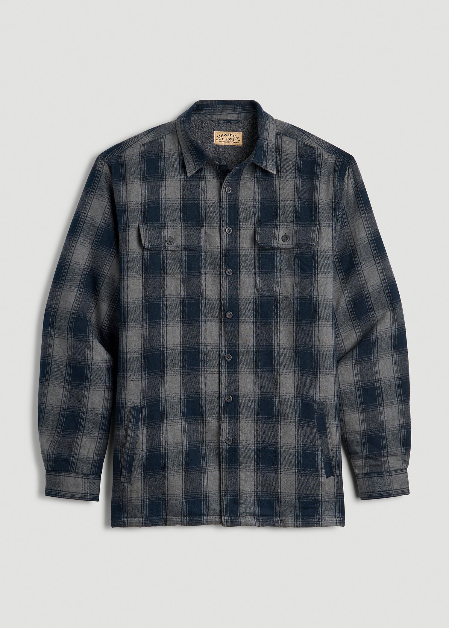 American Tall Online Shop | LJ&S Sherpa-Lined Shirt Jacket for Tall Men in Midnight Navy & Medium Grey Plaid