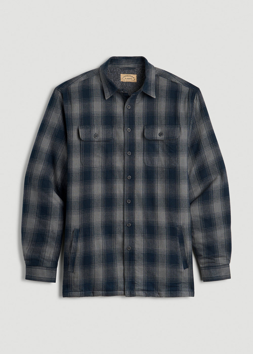 American Tall Online Shop | LJ&S Sherpa-Lined Shirt Jacket for Tall Men in Midnight Navy & Medium Grey Plaid