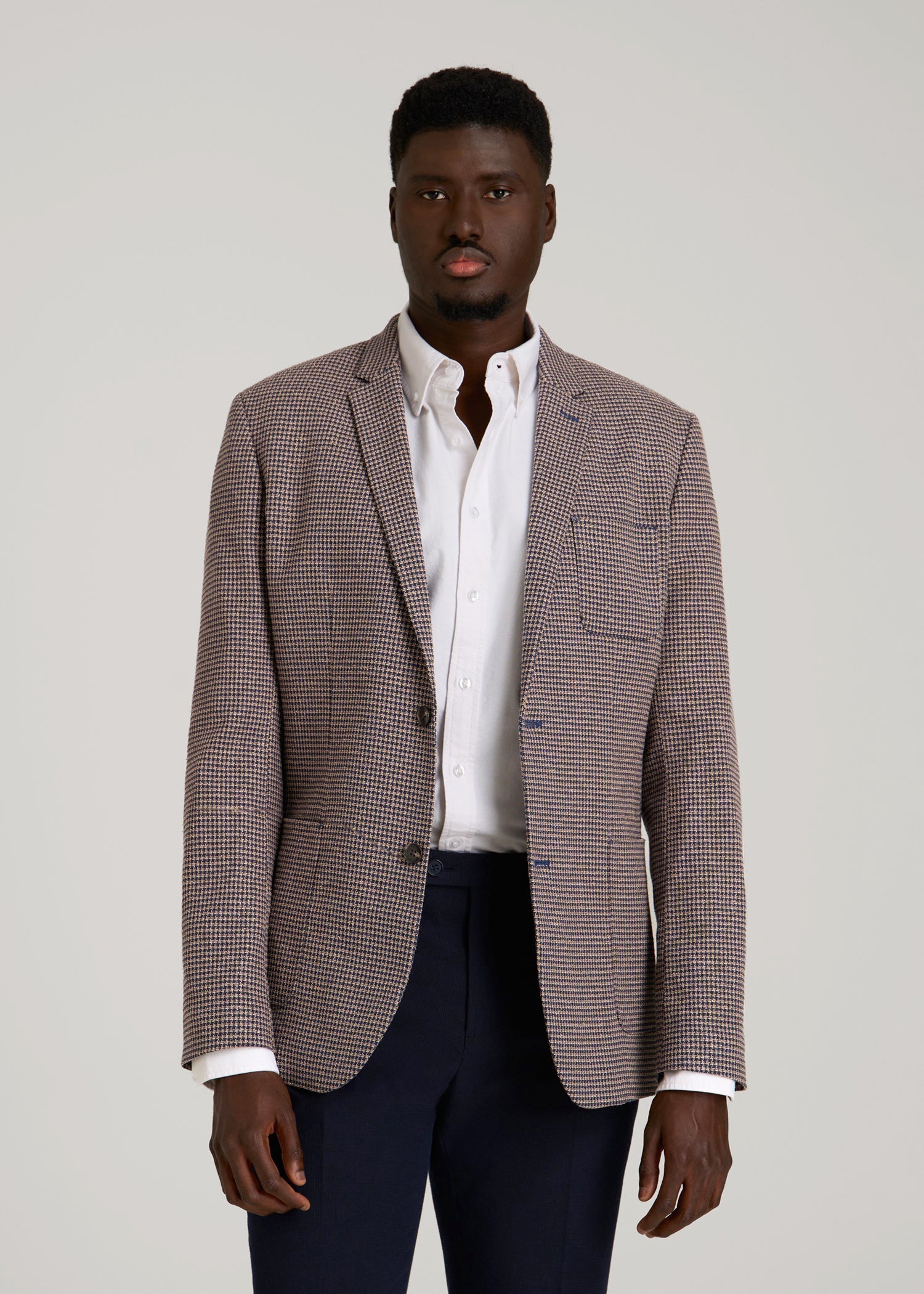 American Tall Outlet | Core Blazer for Tall Men in Brown and Blue Mini Houndstooth