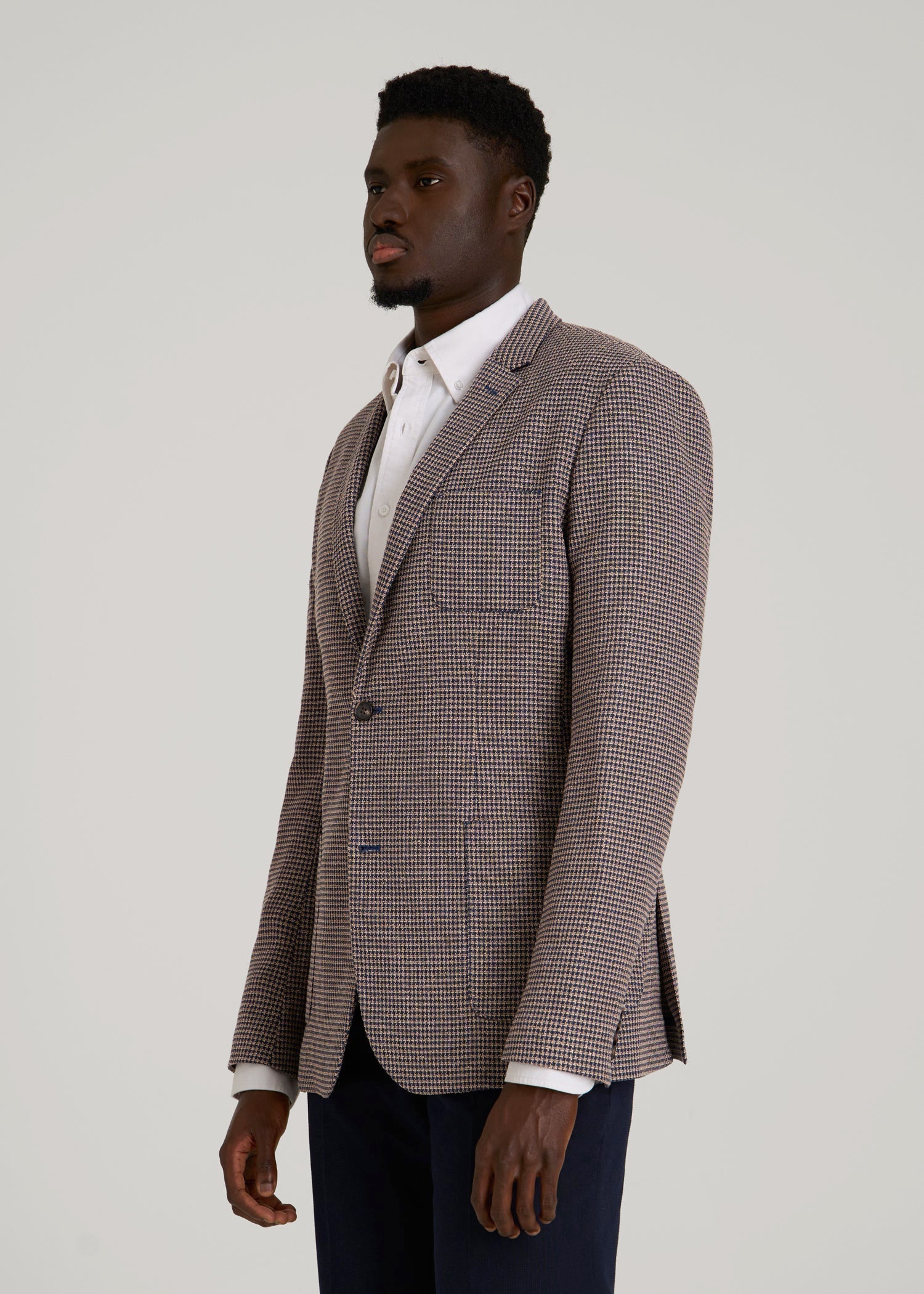 American Tall Outlet | Core Blazer for Tall Men in Brown and Blue Mini Houndstooth