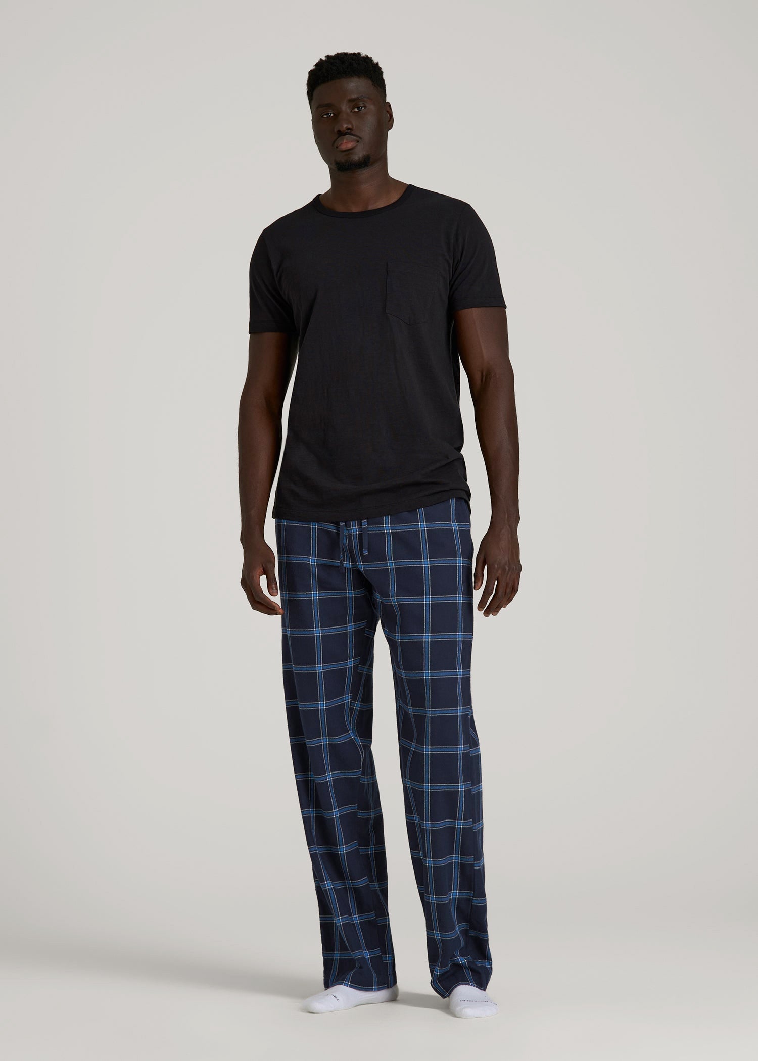 American Tall Sale | Flannel Pajama Pants for Tall Men in Navy and Blue Windowpane