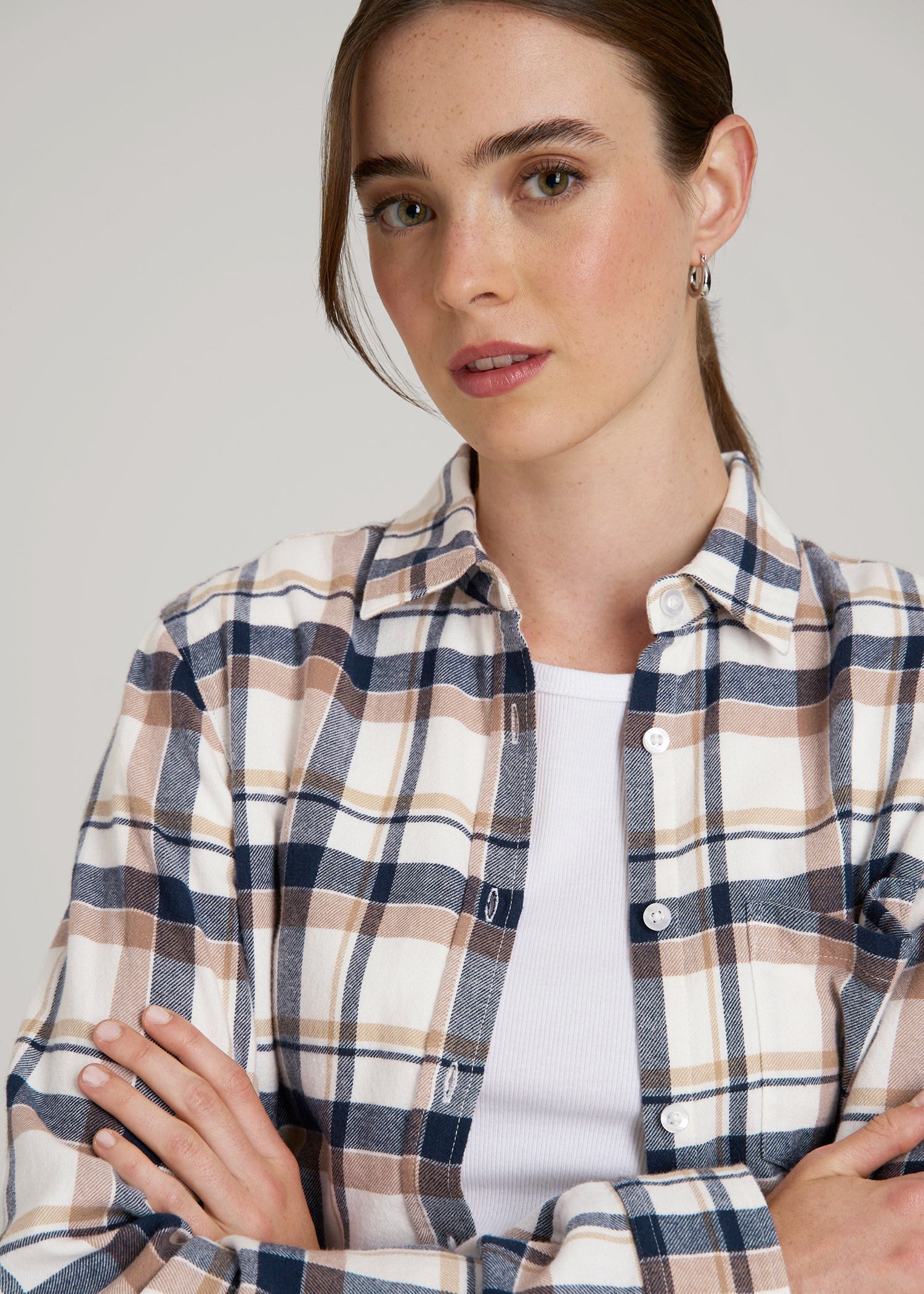 American Tall For Sale | Flannel Button-Up Shirt for Tall Women in Woodsmoke with Navy