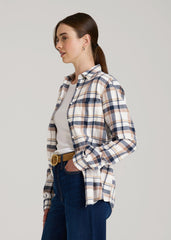 American Tall For Sale | Flannel Button-Up Shirt for Tall Women in Woodsmoke with Navy