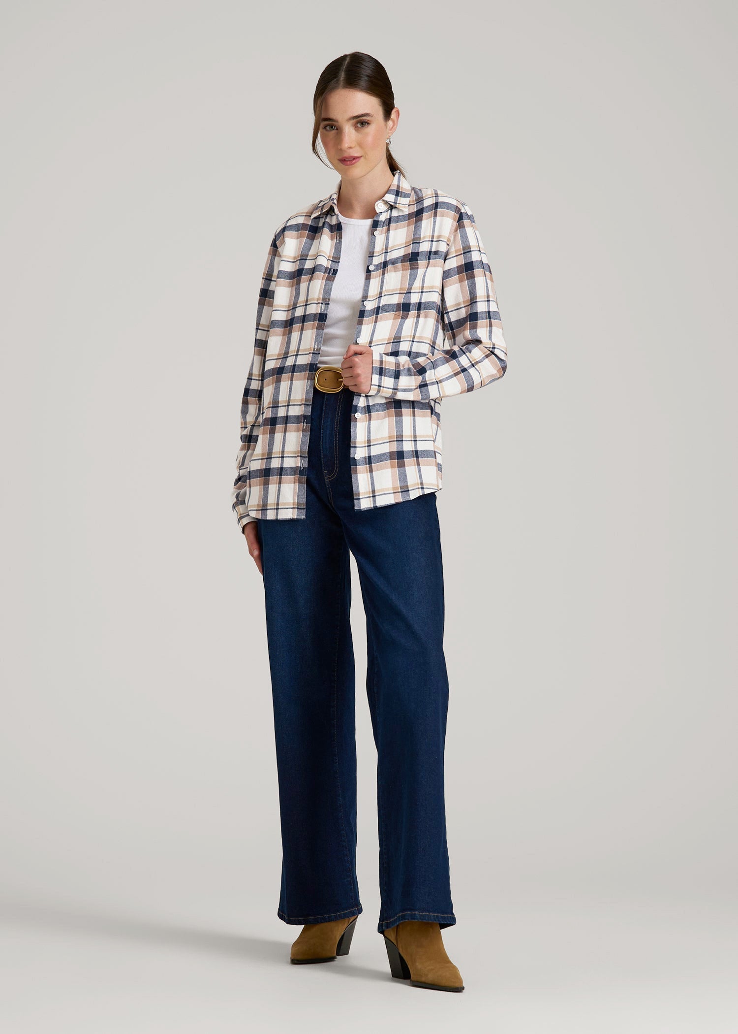 American Tall For Sale | Flannel Button-Up Shirt for Tall Women in Woodsmoke with Navy