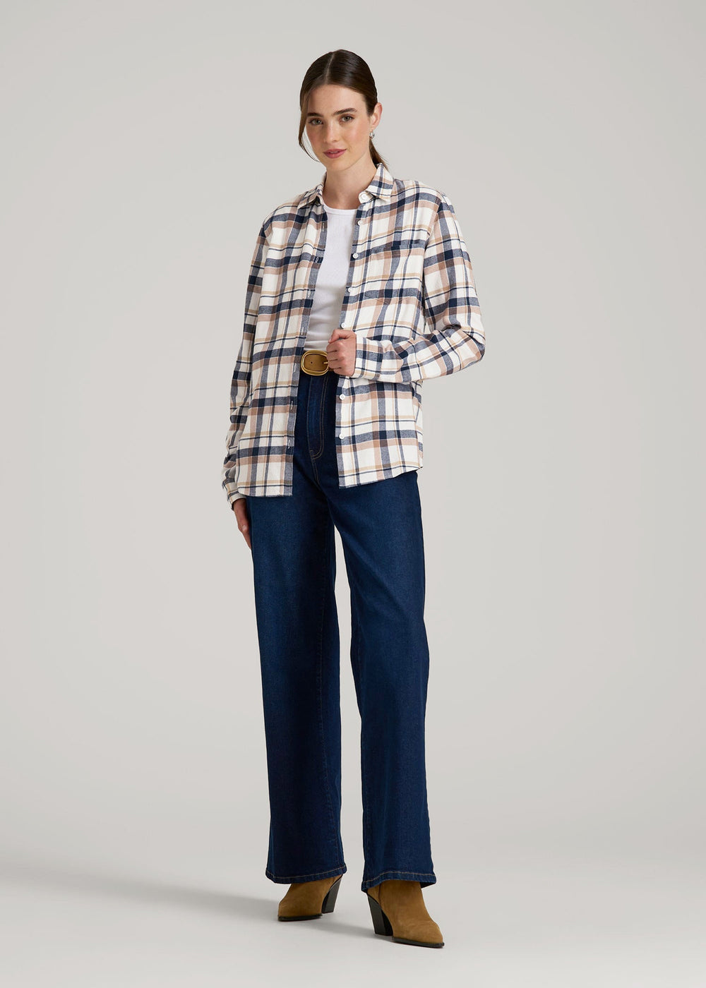 American Tall For Sale | Flannel Button-Up Shirt for Tall Women in Woodsmoke with Navy