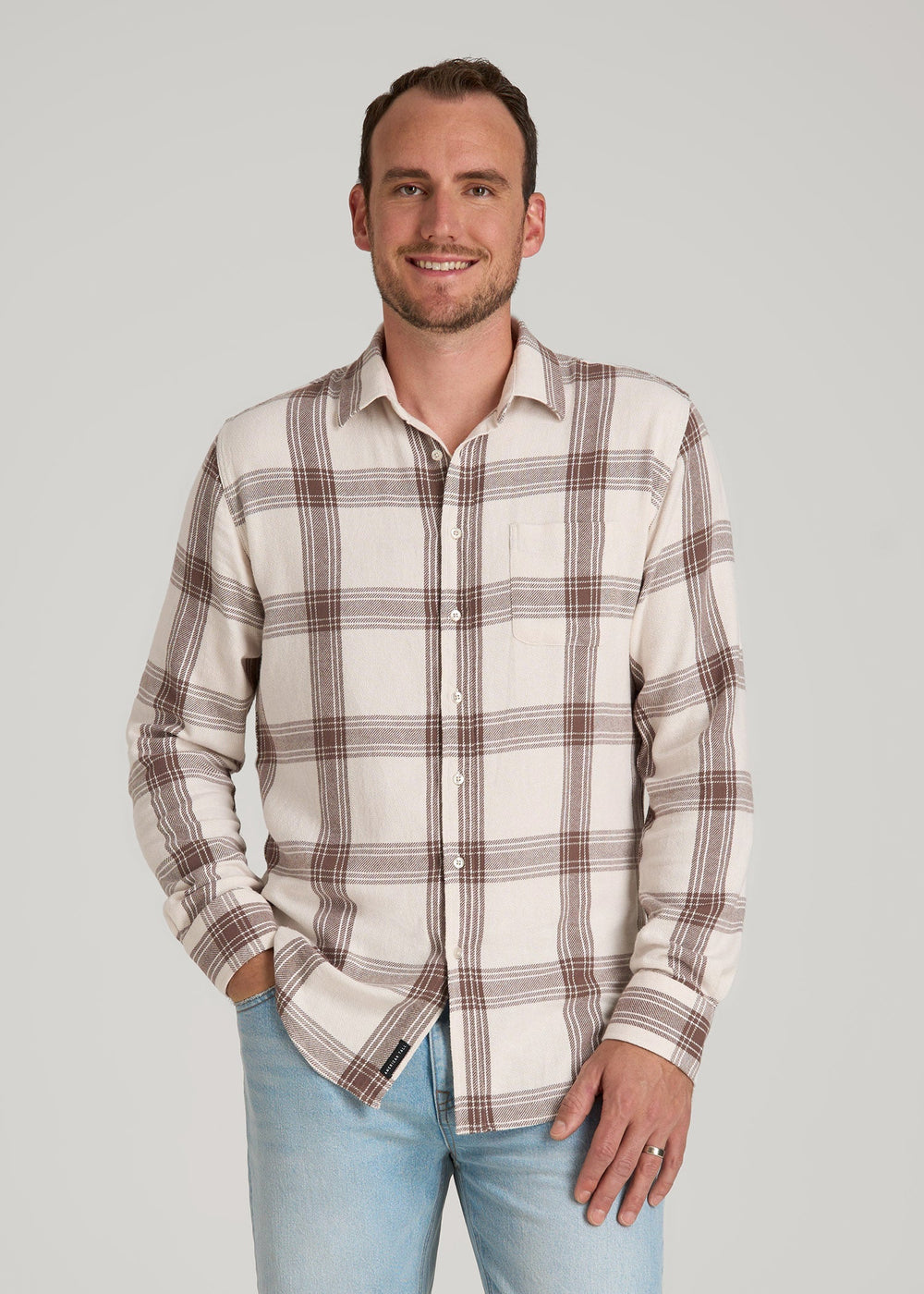 American Tall Discount | Nelson Flannel Shirt for Tall Men in Beige Plaid
