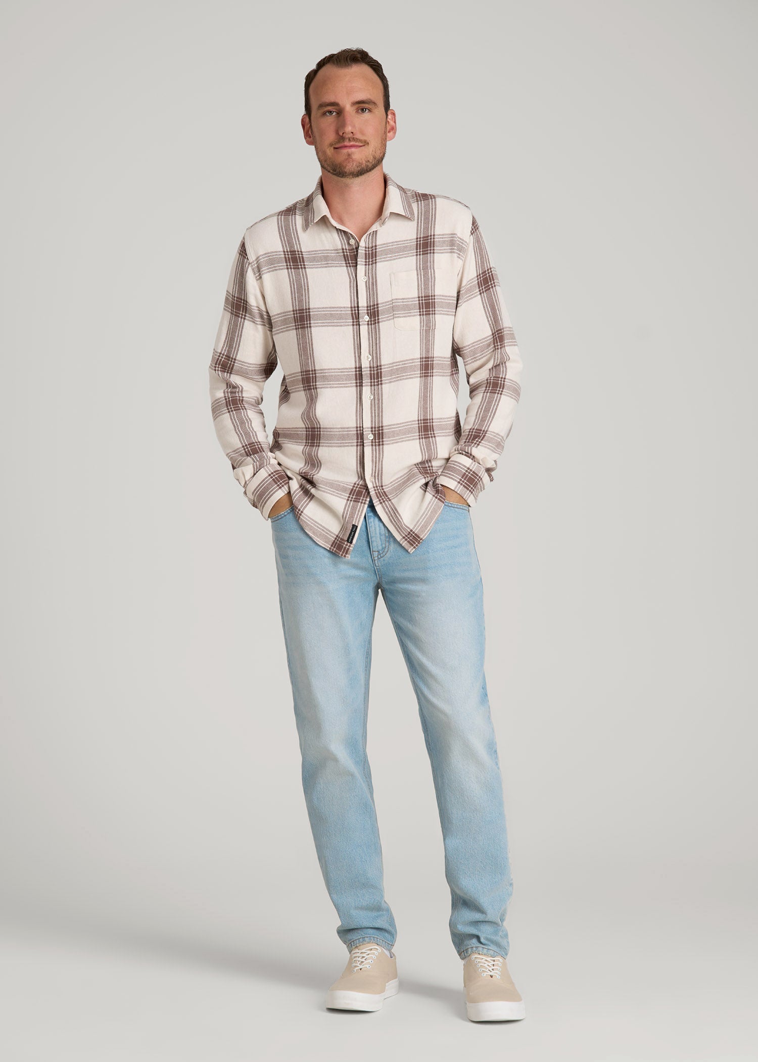 American Tall Discount | Nelson Flannel Shirt for Tall Men in Beige Plaid