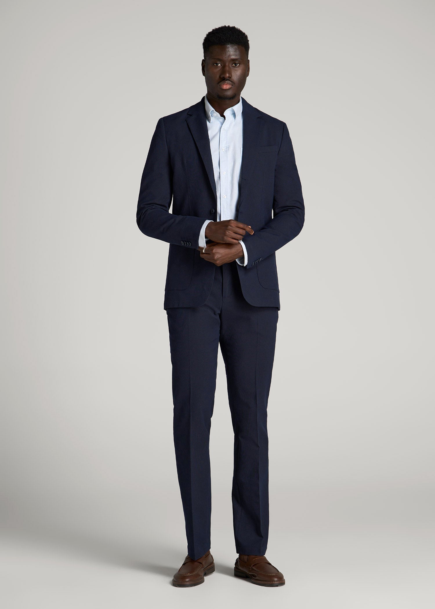American Tall Online Shop | Textured Garment Washed Stretch Cotton Blazer for Tall Men in Evening Blue