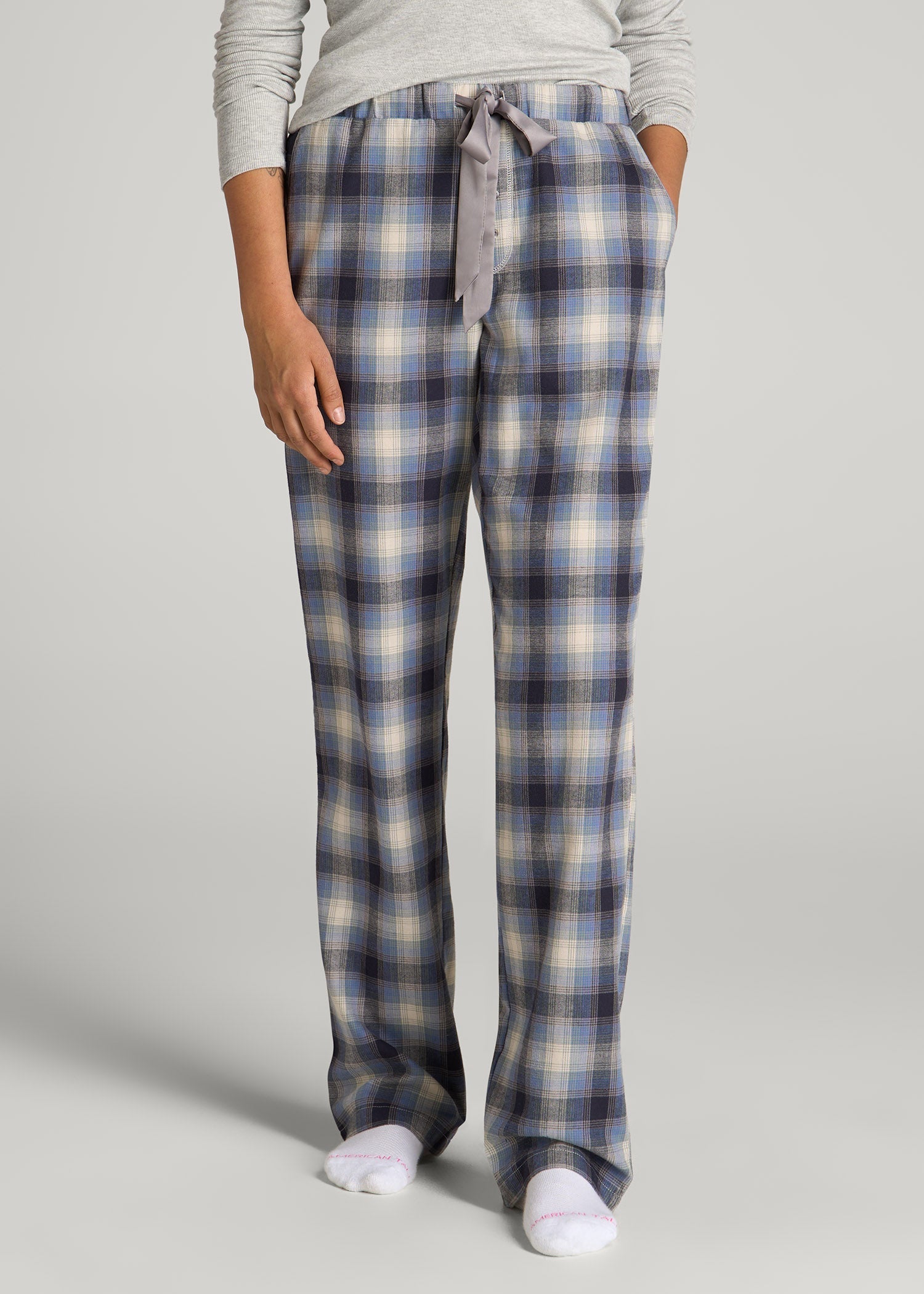 American Tall Outlet | Open-Bottom Flannel Pajama Pants for Tall Women in Blue and Grey Weave