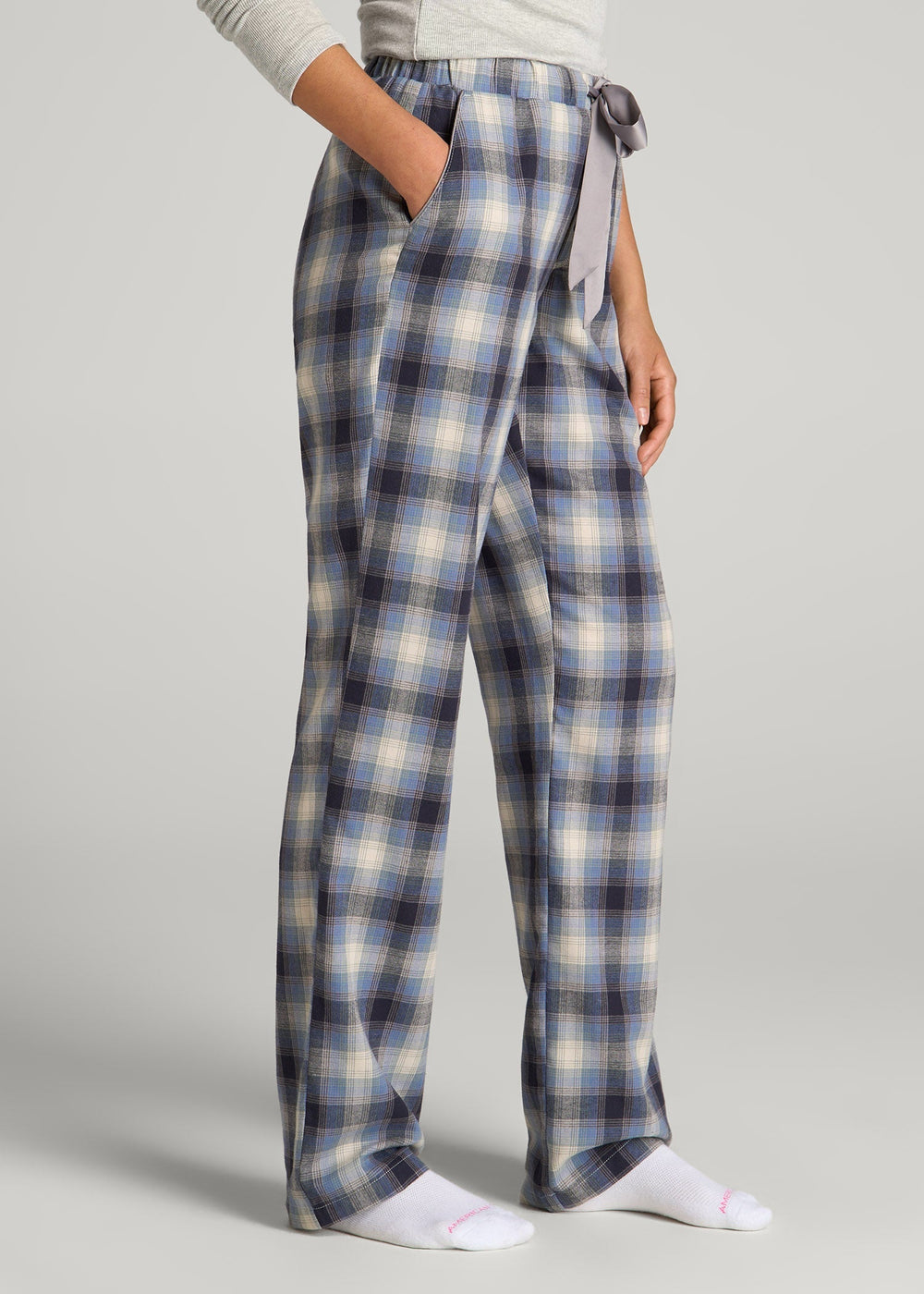 American Tall Outlet | Open-Bottom Flannel Pajama Pants for Tall Women in Blue and Grey Weave