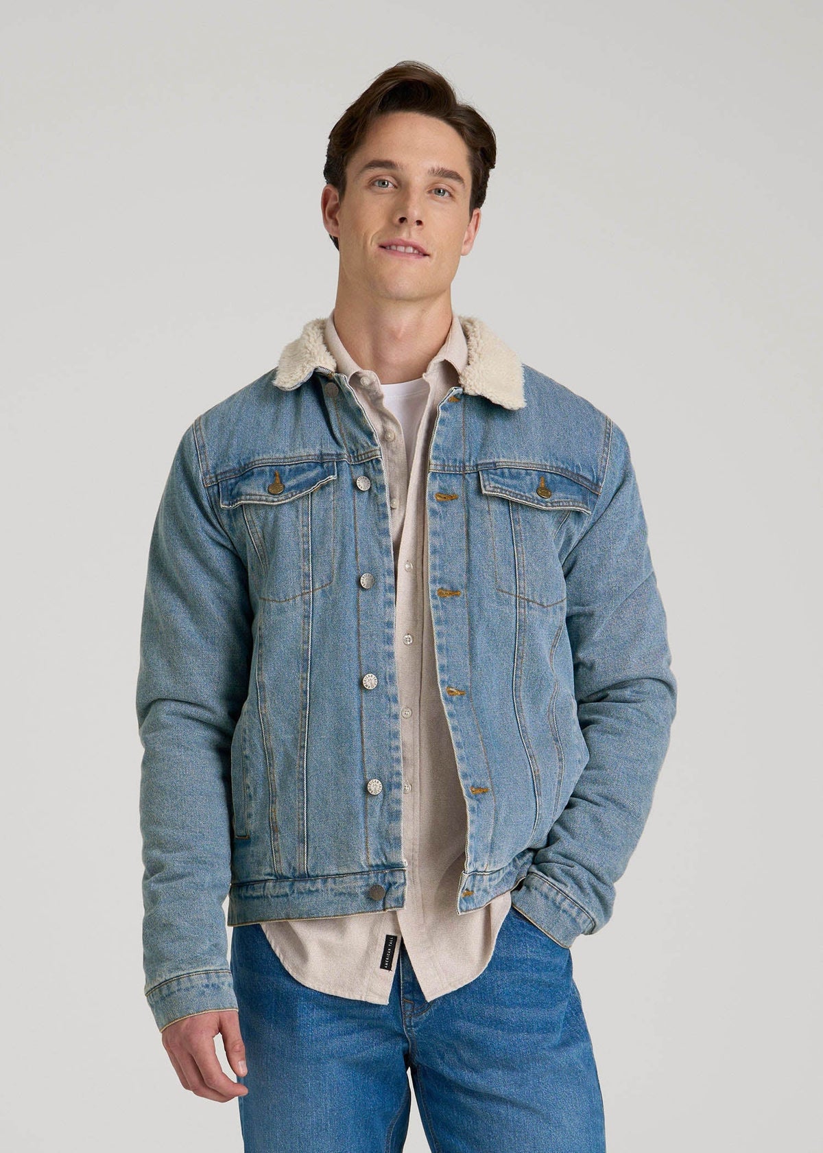American Tall Outlet | Denim Sherpa Jacket for Tall Men in Stonewash Blue