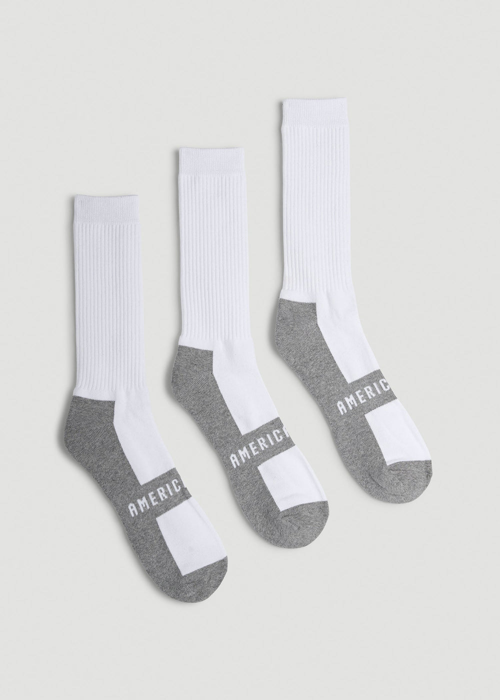 American Tall For Sale | 3-Pack Crew Socks for Tall Men in White with Grey