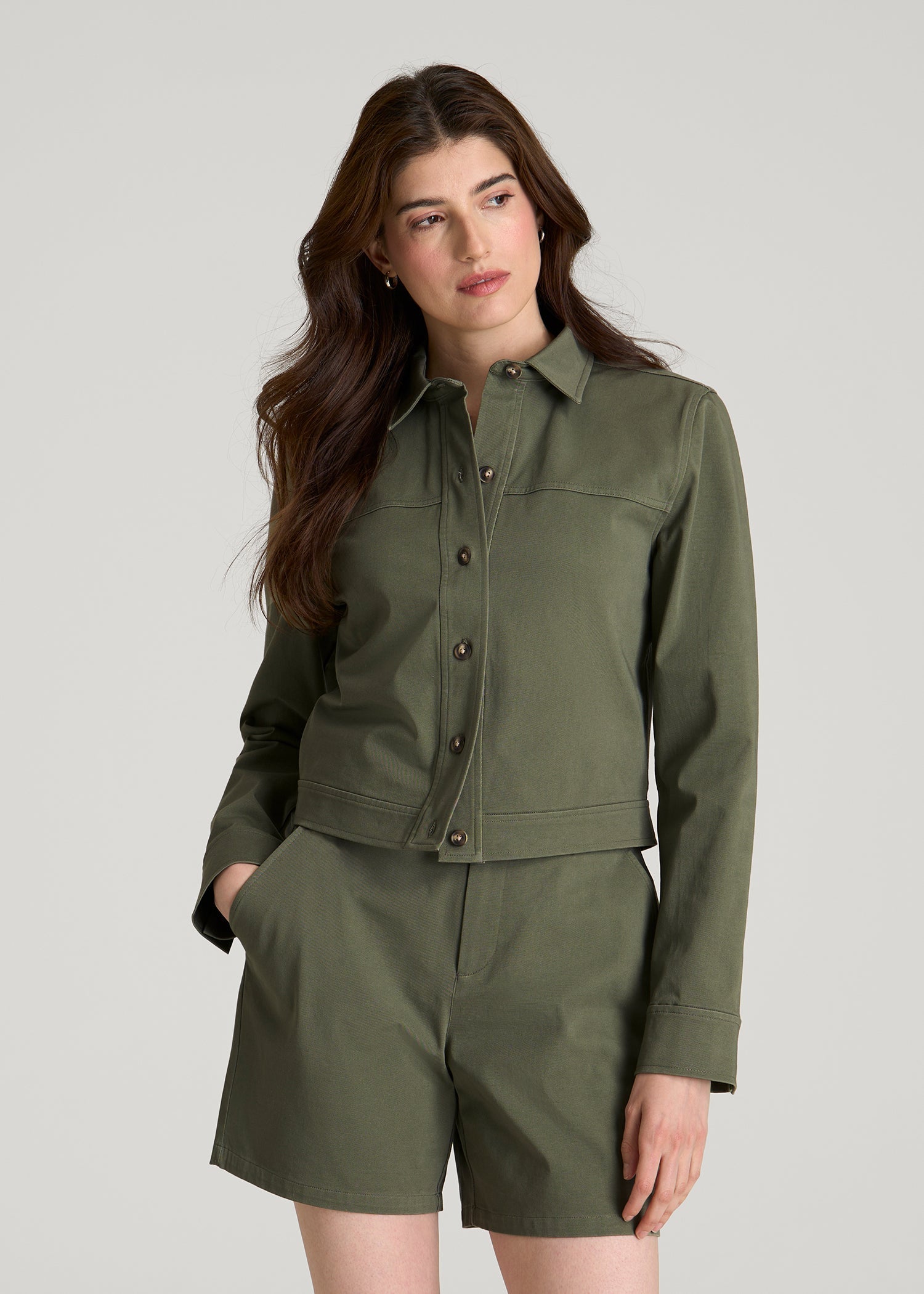 American Tall Discount | Stretch Commuter Military Cropped Cargo Jacket for Tall Women in Olive