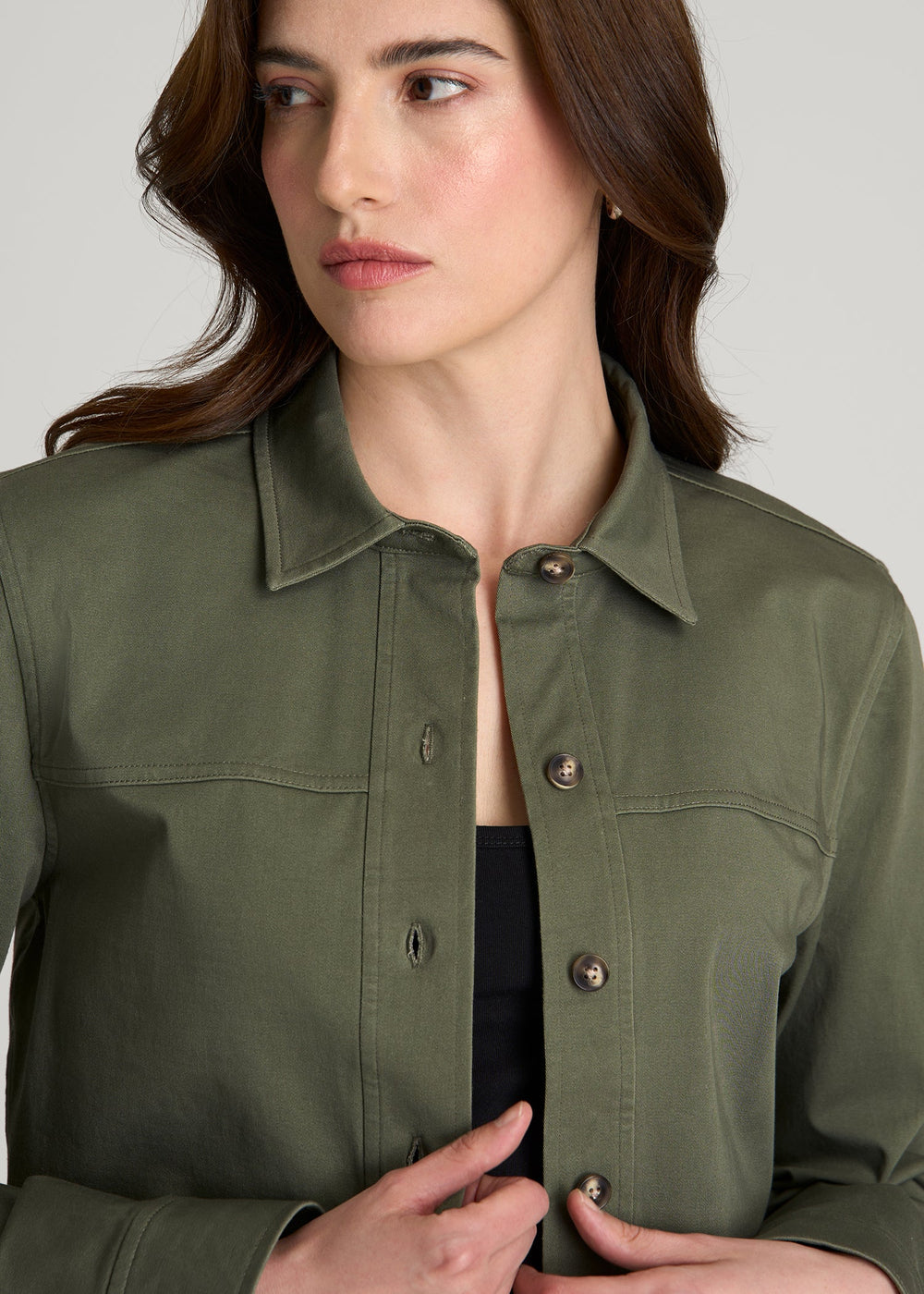 American Tall Discount | Stretch Commuter Military Cropped Cargo Jacket for Tall Women in Olive