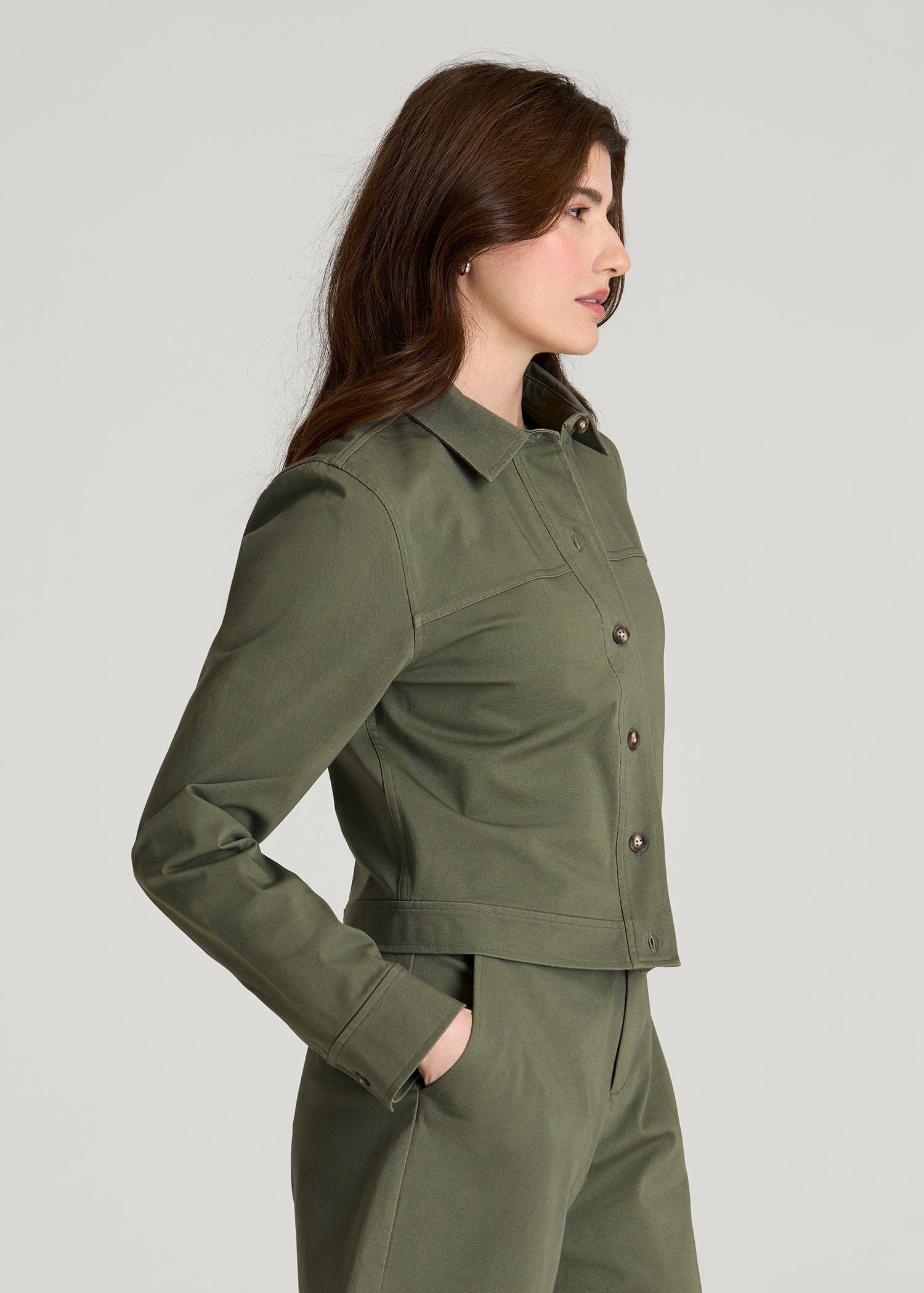 American Tall Discount | Stretch Commuter Military Cropped Cargo Jacket for Tall Women in Olive