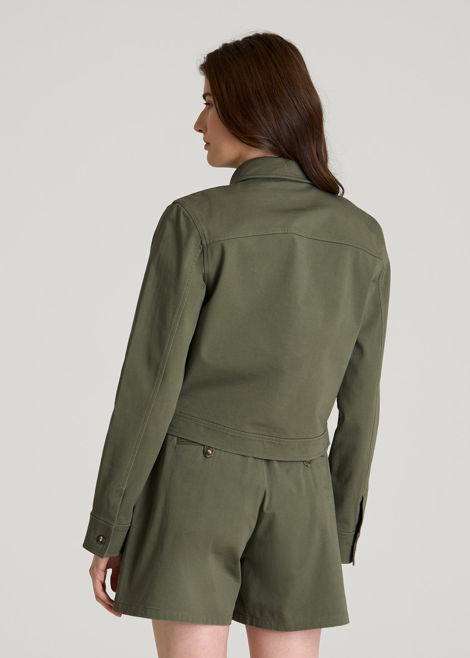 American Tall Discount | Stretch Commuter Military Cropped Cargo Jacket for Tall Women in Olive