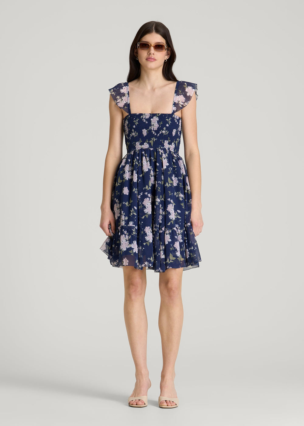 American Tall For Sale | Chiffon Mini Gumdrop Dress for Tall Women in Dark Navy Floral