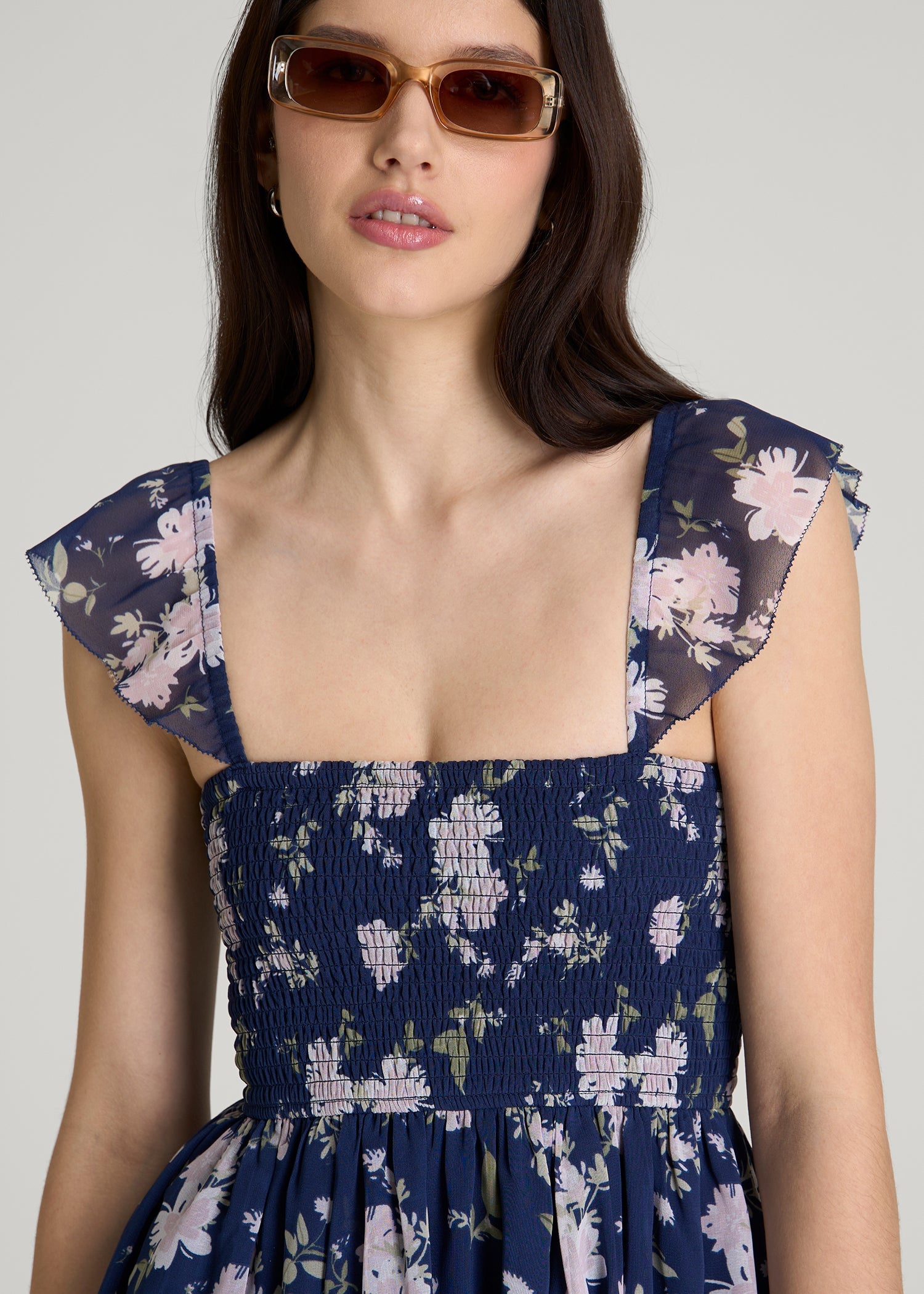 American Tall For Sale | Chiffon Mini Gumdrop Dress for Tall Women in Dark Navy Floral