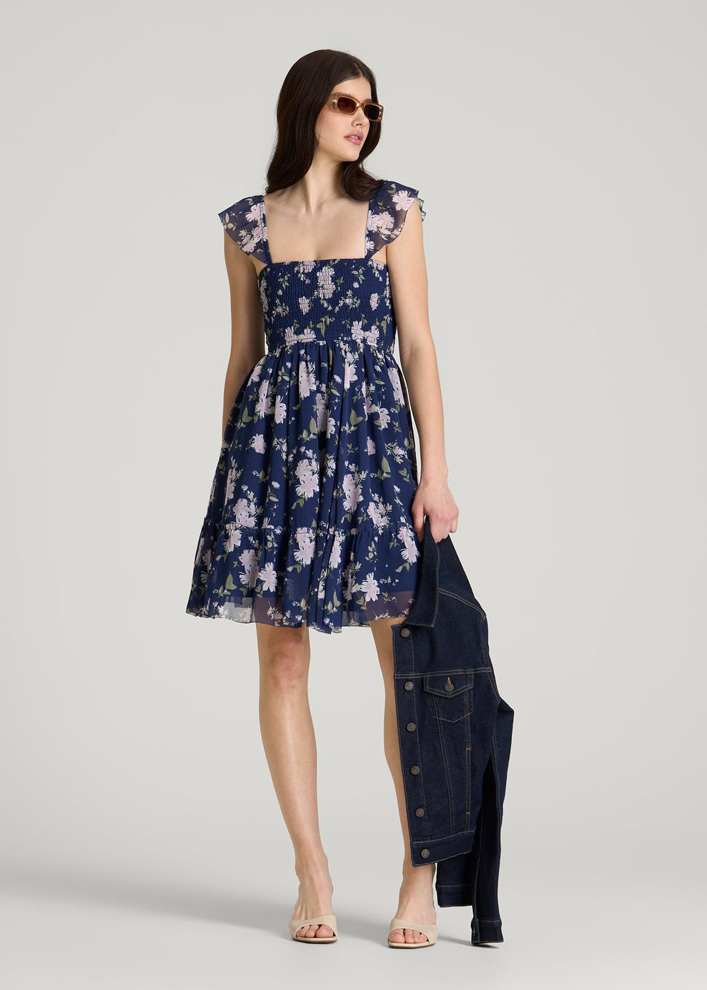 American Tall For Sale | Chiffon Mini Gumdrop Dress for Tall Women in Dark Navy Floral