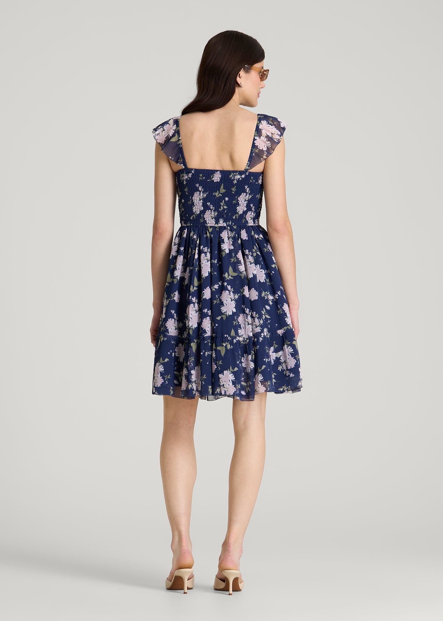 American Tall For Sale | Chiffon Mini Gumdrop Dress for Tall Women in Dark Navy Floral