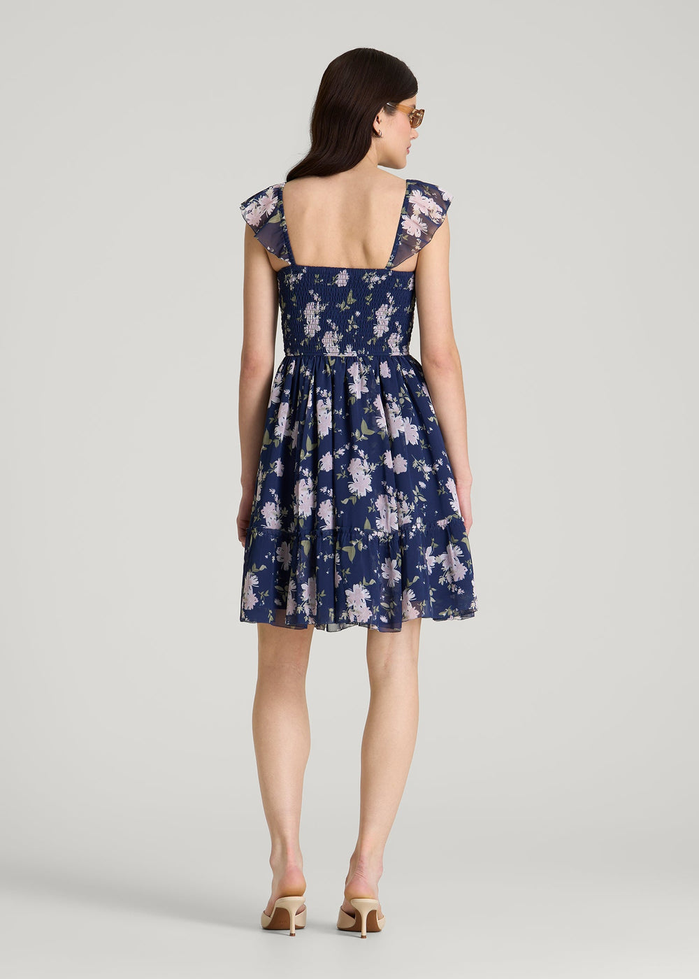 American Tall For Sale | Chiffon Mini Gumdrop Dress for Tall Women in Dark Navy Floral