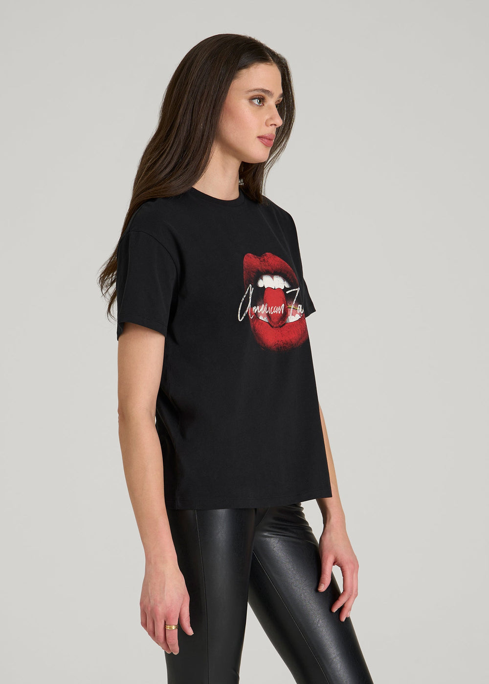 American Tall Discount | Black Cherry Lips Graphic Tee for Tall Women in Black