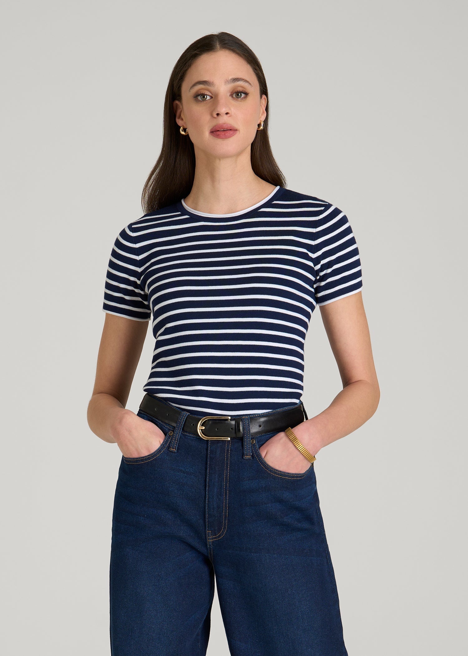 American Tall Online | Cropped Knit Tee for Tall Women in Bold Navy Stripe