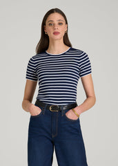 American Tall Online | Cropped Knit Tee for Tall Women in Bold Navy Stripe