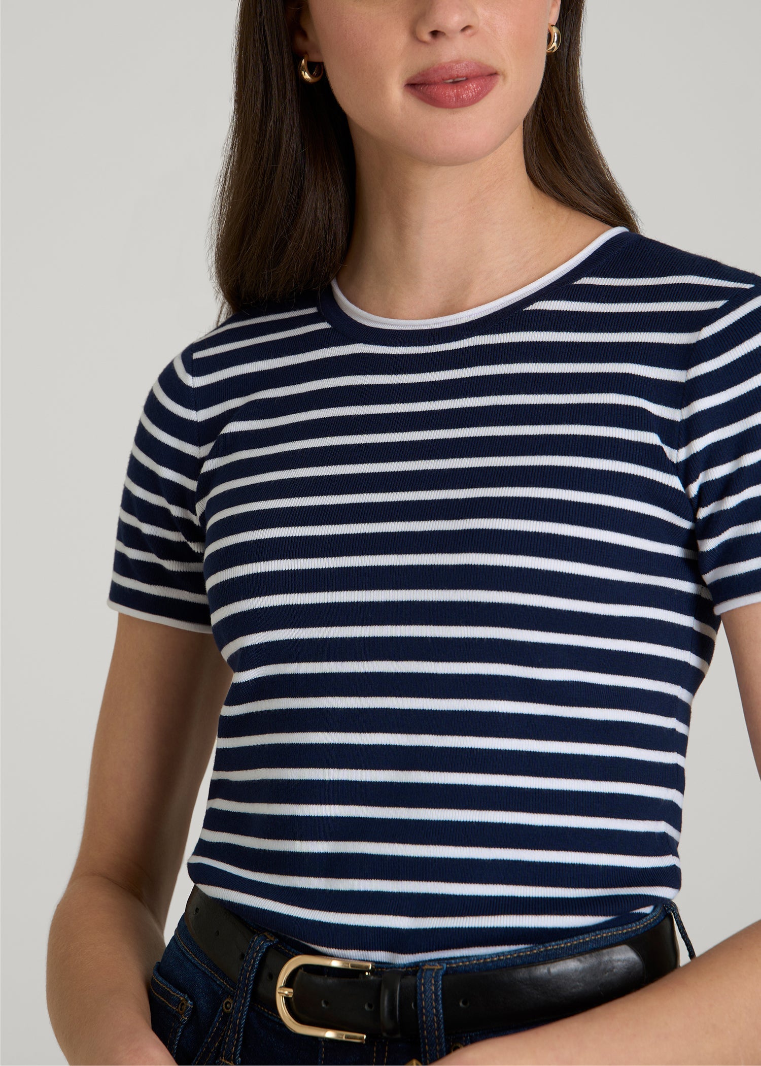 American Tall Online | Cropped Knit Tee for Tall Women in Bold Navy Stripe