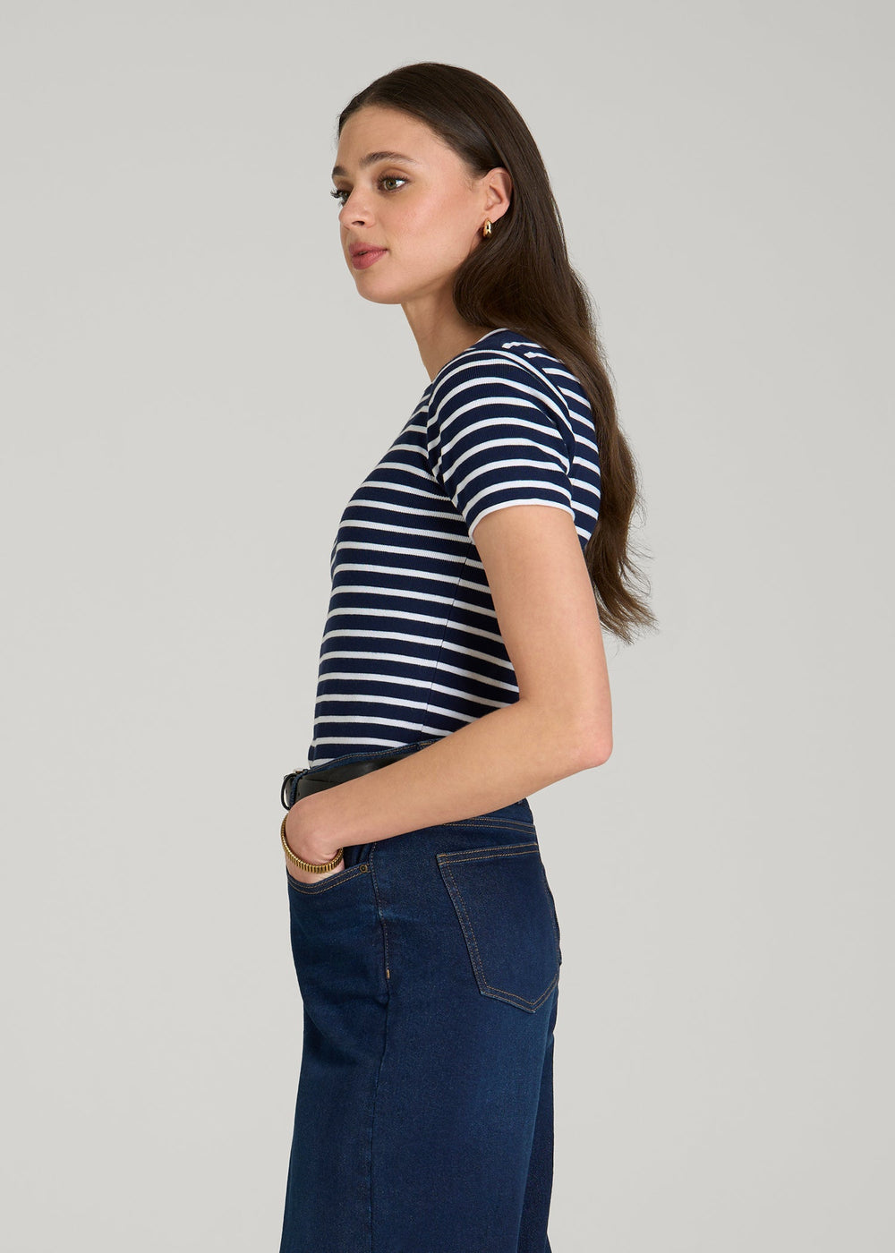 American Tall Online | Cropped Knit Tee for Tall Women in Bold Navy Stripe