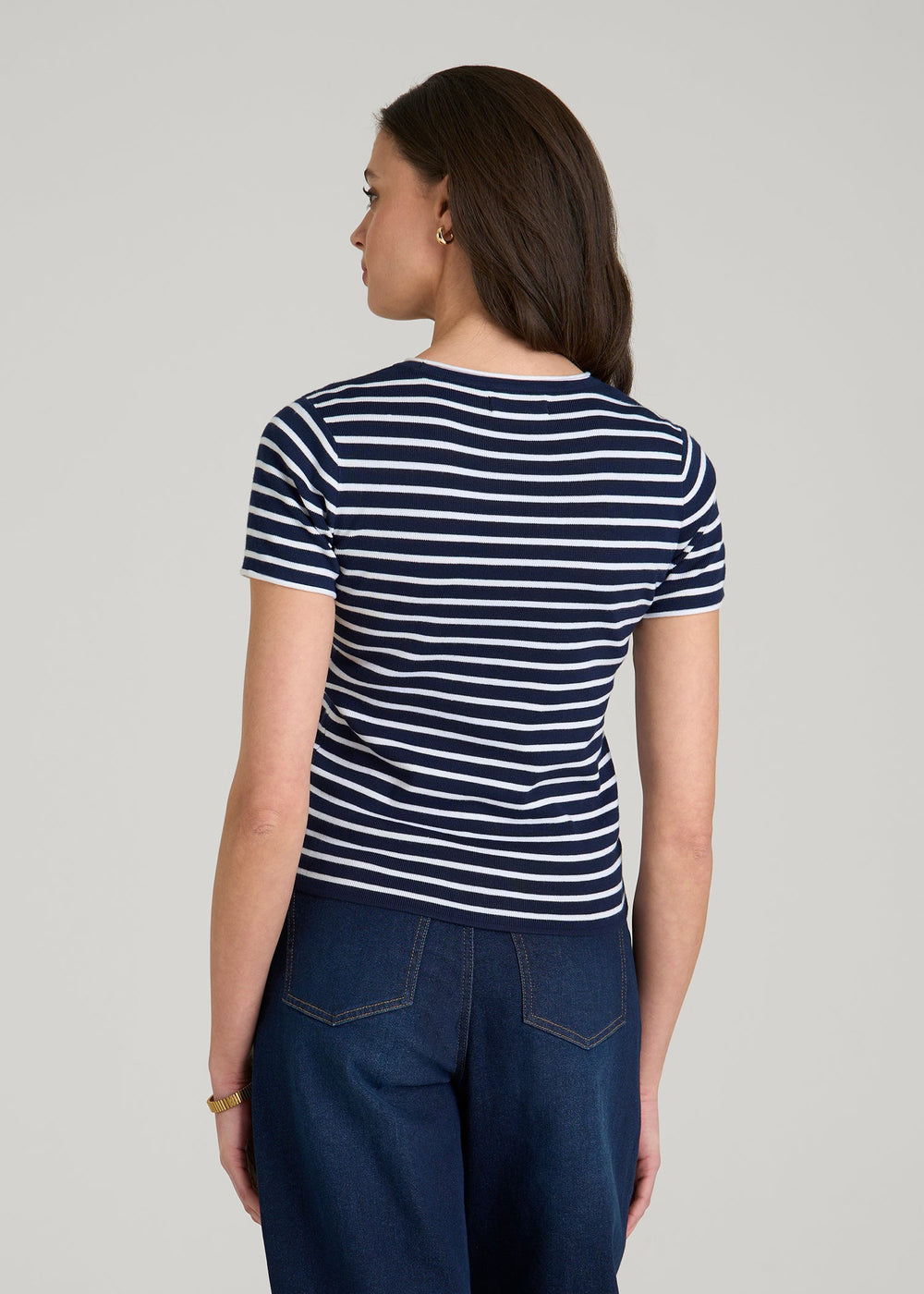 American Tall Online | Cropped Knit Tee for Tall Women in Bold Navy Stripe