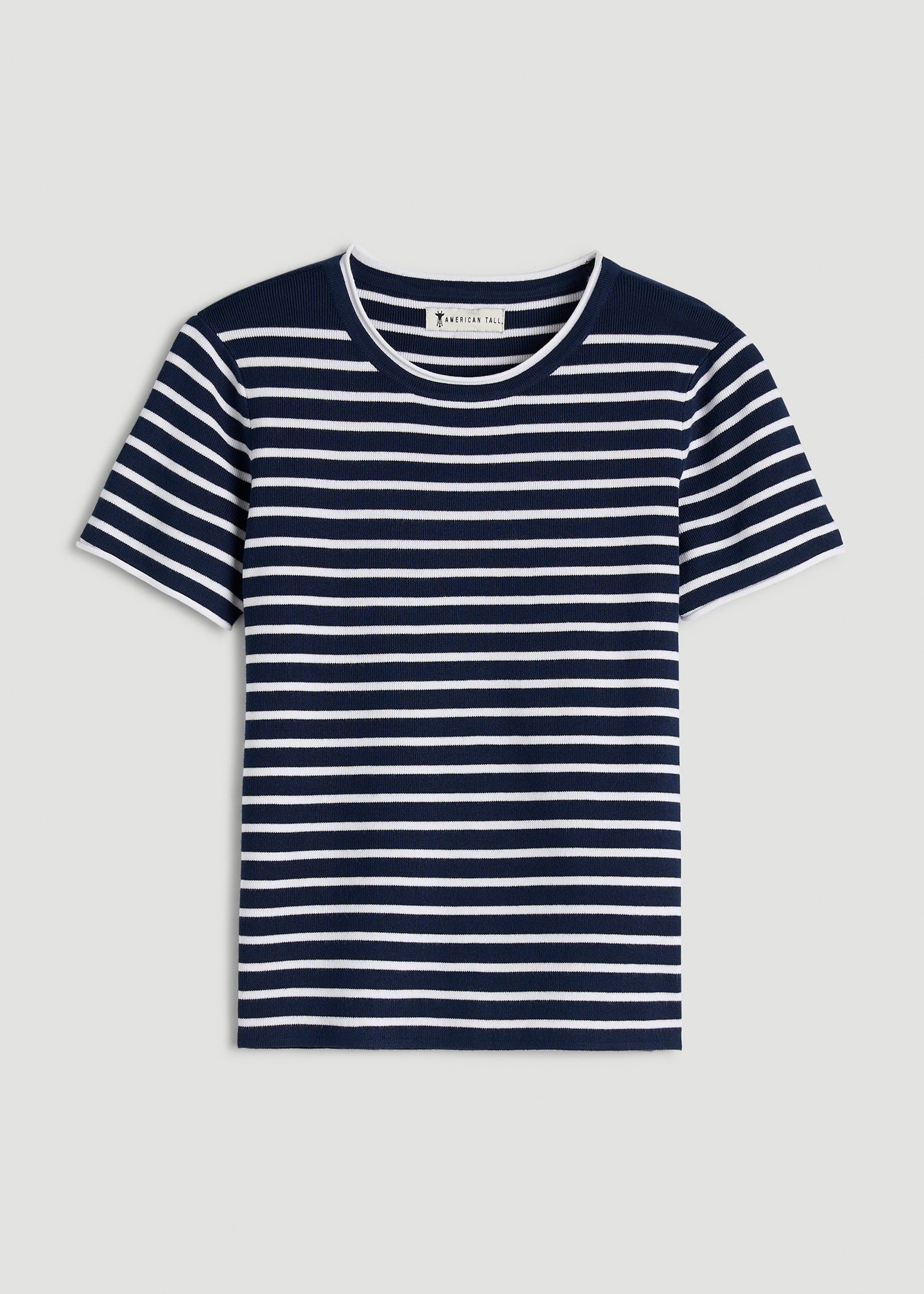 American Tall Online | Cropped Knit Tee for Tall Women in Bold Navy Stripe