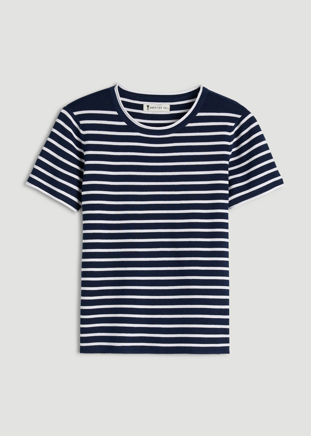 American Tall Online | Cropped Knit Tee for Tall Women in Bold Navy Stripe